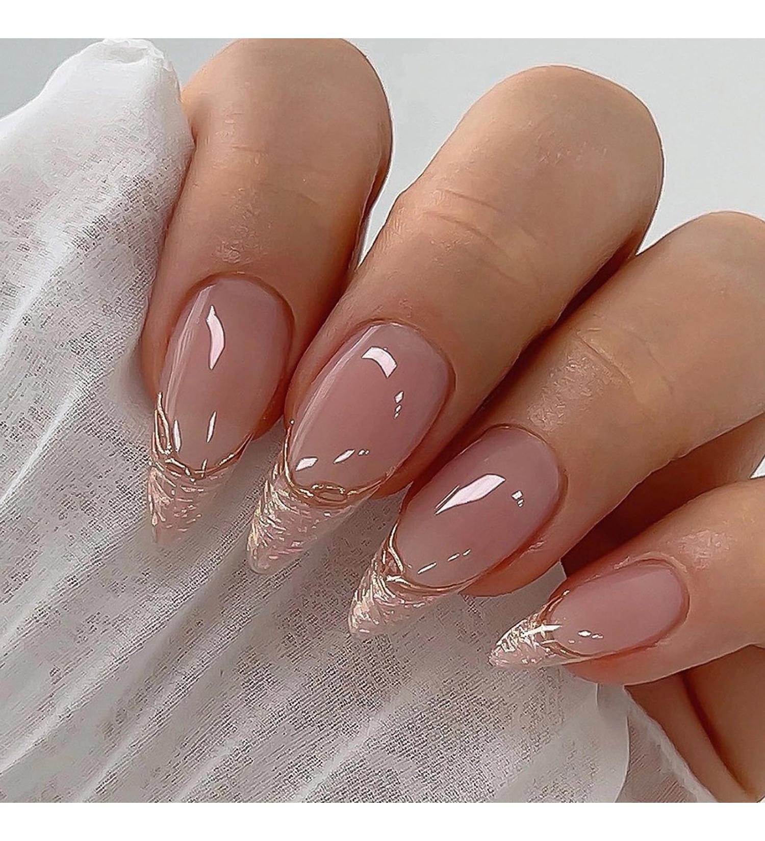 Buy MISUD Almond Press on Nails - Medium Stiletto Glossy Chrome Acrylic Bling French Tip - 24 pcs Nude Pink | International Shipping Available - Buy Online on SooperMarket.com