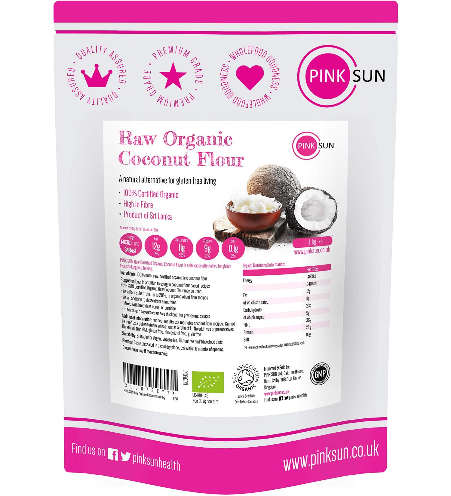 PINK SUN Raw Organic Coconut Flour - Gluten Free Baking Flour for High Fiber Bread Making - 1kg Pack (2kg, 3kg, 5kg Available) - Vegan & Non-GMO - Buy Online on SooperMarket.com