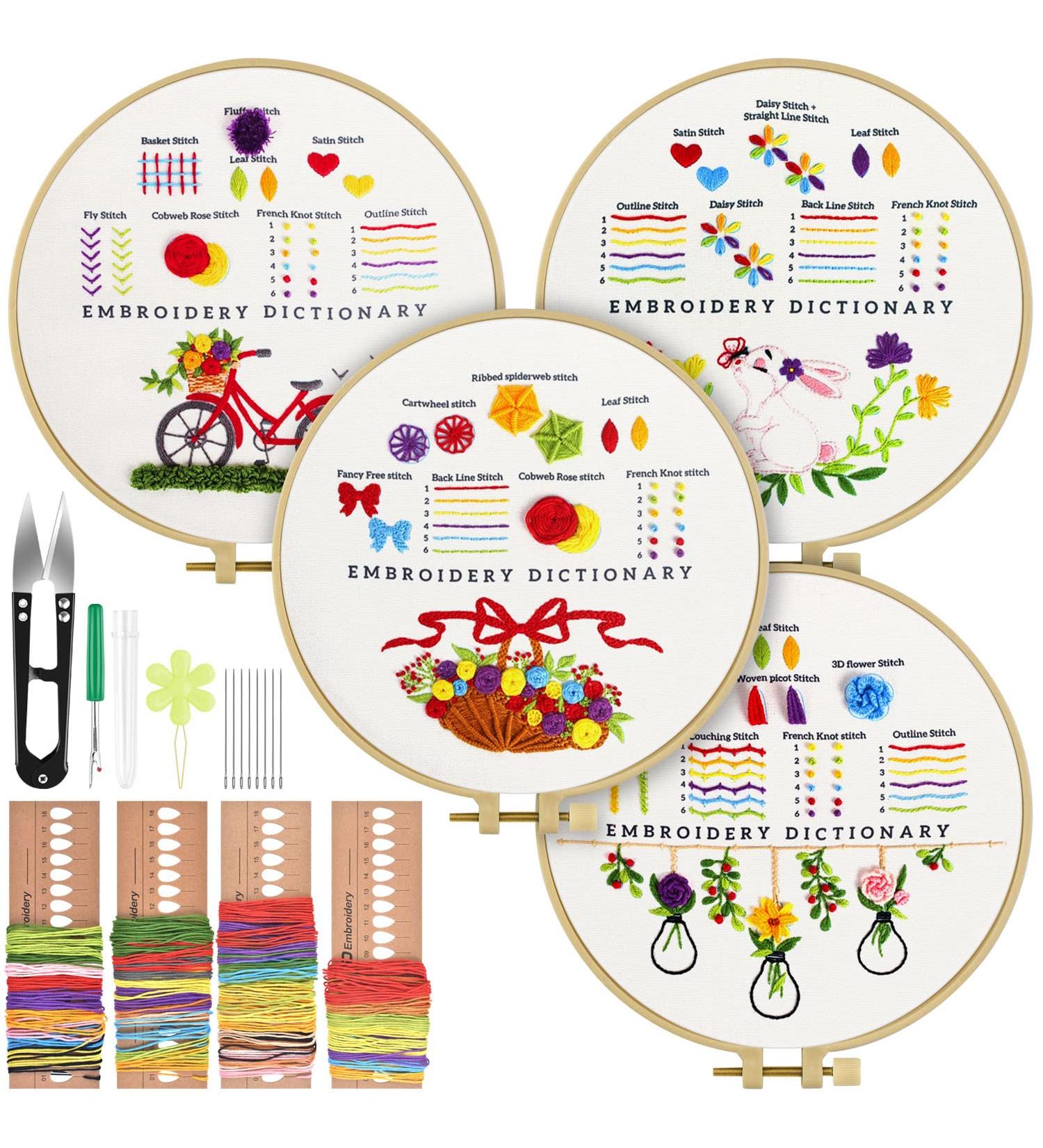 TINDTOP Embroidery Kit for Beginners - 4 Pack Cross Stitch Practice Kits with Threads, Hoops & Cloth - Learn Hand Stitch Technique with Embroidery Skills - Ideal for Craft Lovers - Buy Online on SooperMarket.com