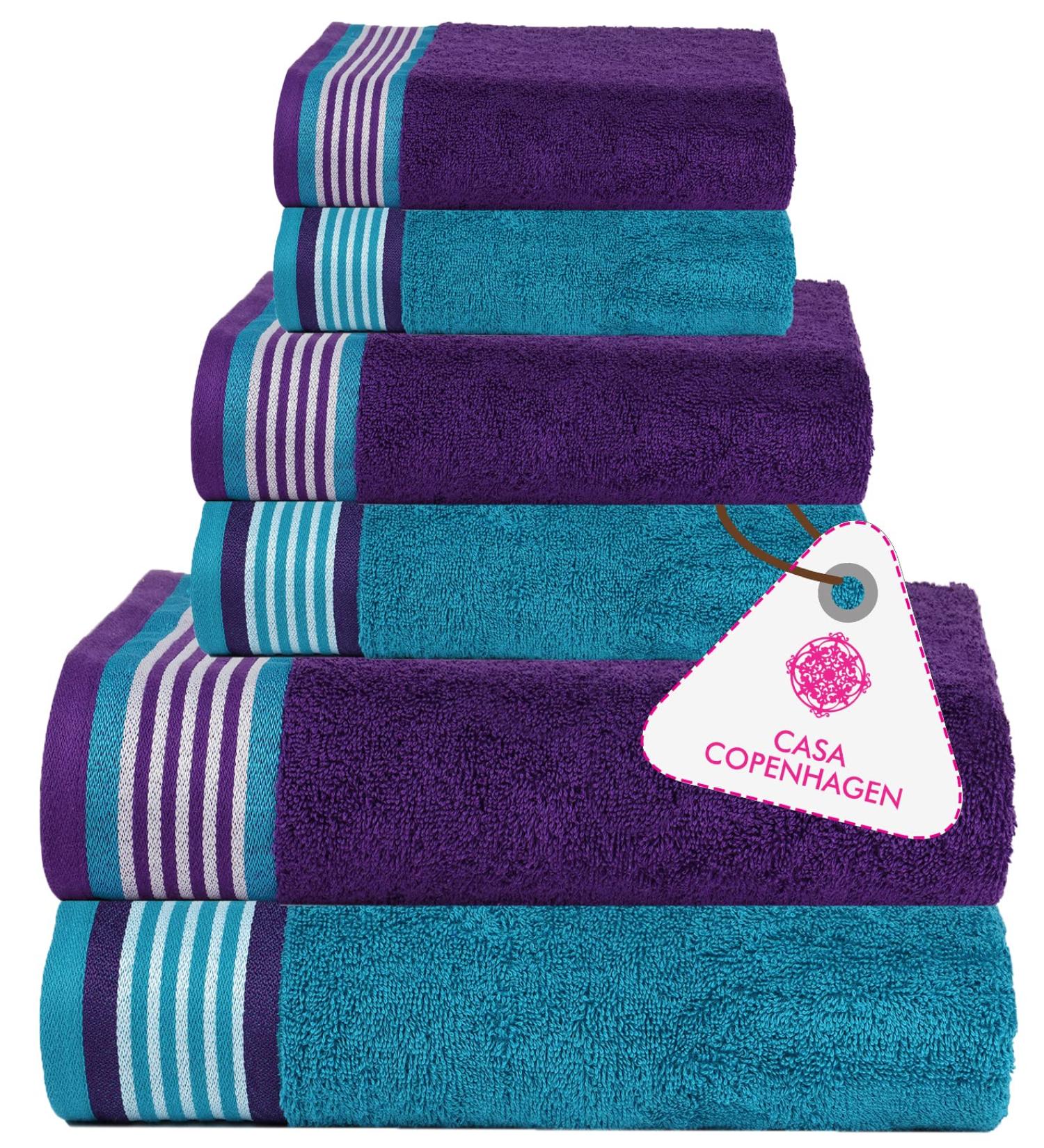 CASA COPENHAGEN 550 GSM 6-Piece Towel Set - Super Soft Egyptian Cotton - Violet Indigo & Teal Green - Buy Online on SooperMarket.com