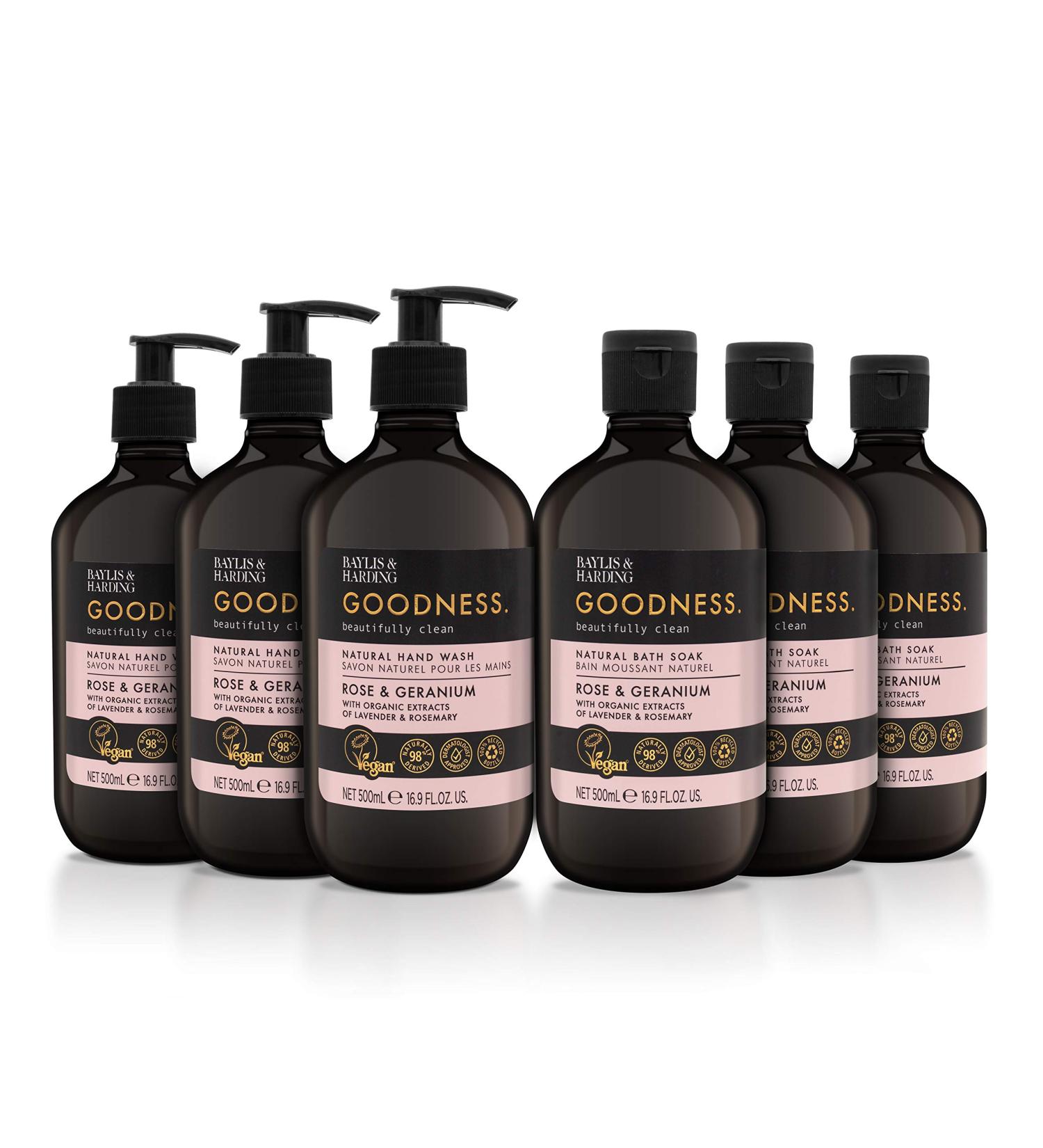 Baylis & Harding Goodness Rose & Geranium Toiletries Bundle - 6 x 500ml Hand Wash & Bath Soak - Vegan Friendly Hand & Bath Bundle - Buy Online on SooperMarket.com