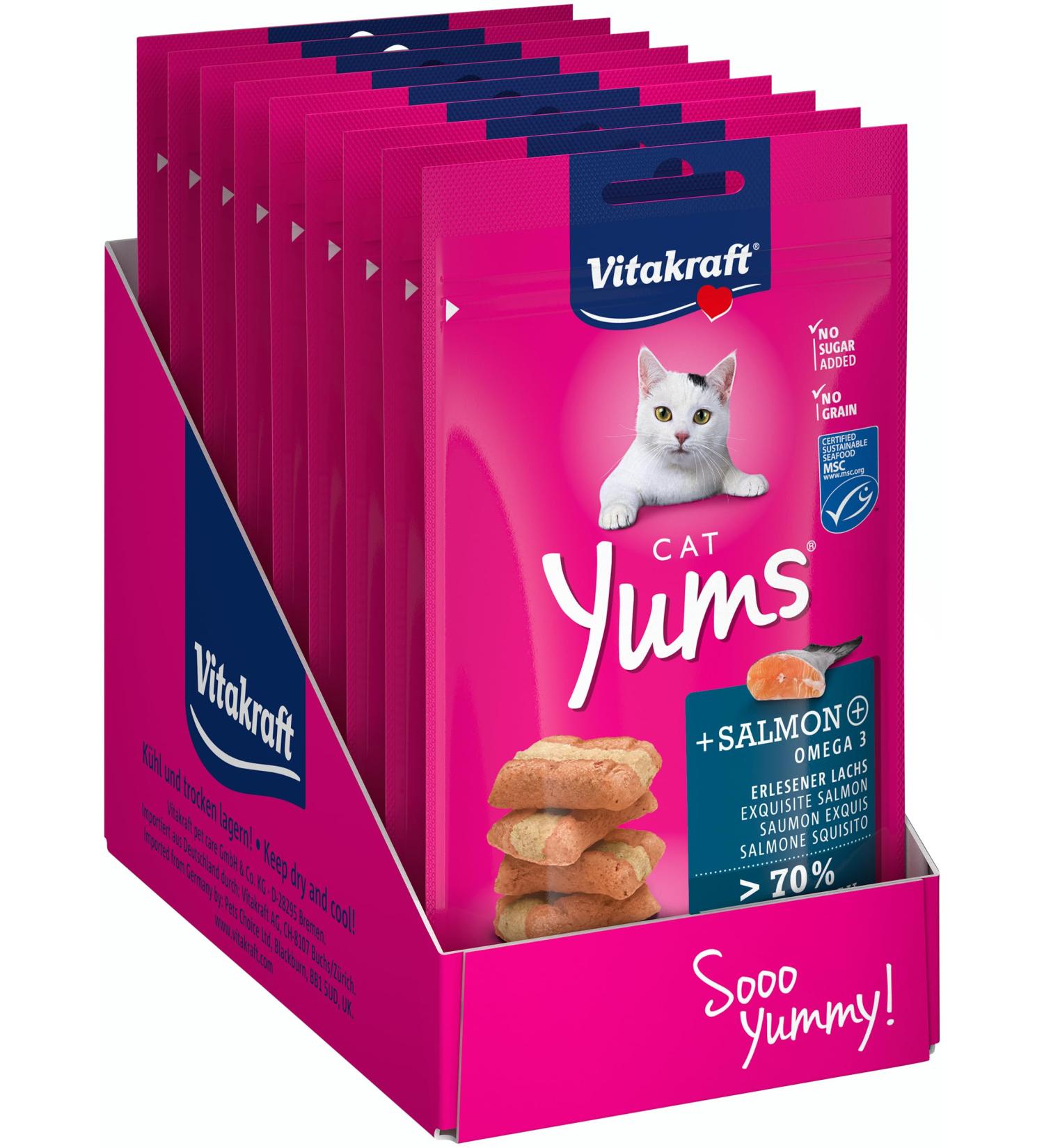 Vita Power Cat Yums - Salmon Cat Snacks Extra Meaty Skin & Fur Support Sugar-Free 9x40g - Omega 3 Boost - Buy Online on SooperMarket.com