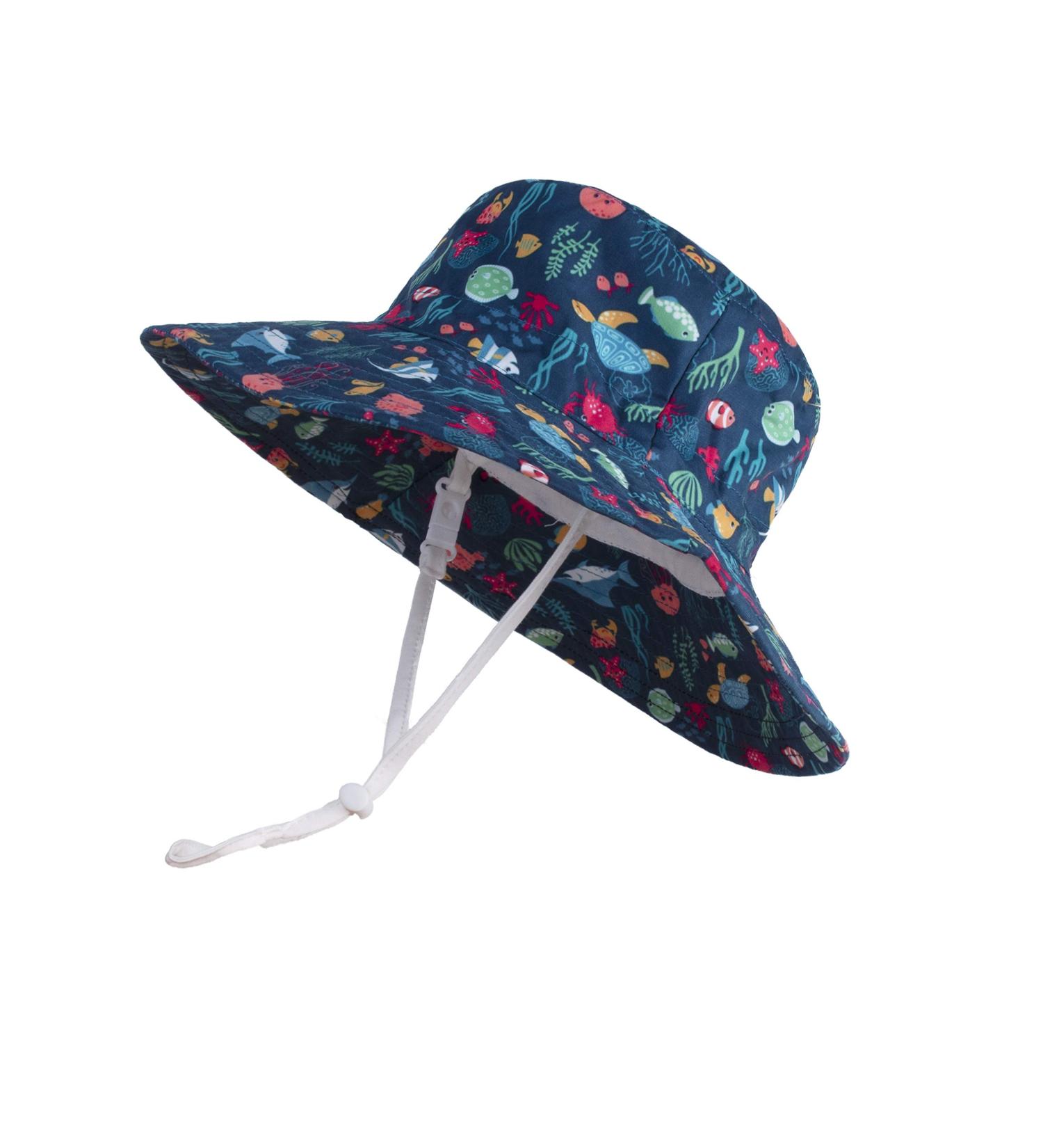 LANGZHEN Baby Girls Beach Sun Hat with Chin Strap | Wide Brim Toddler Kids Play Hat | Undersea World Navy | 1-2 Years - Buy Online on SooperMarket.com
