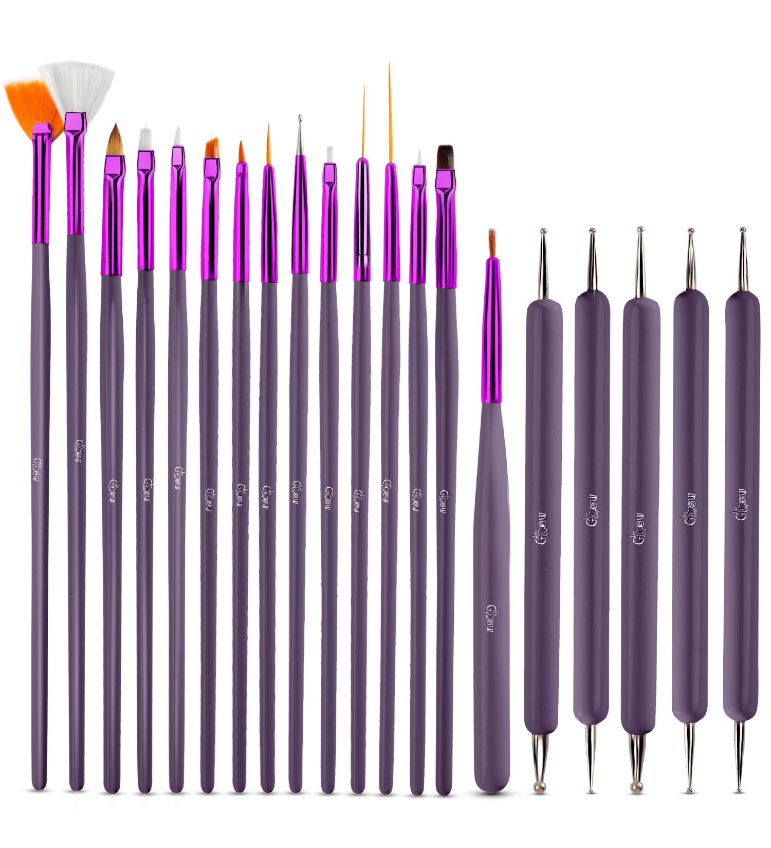 Glow 20-Part Nail Art Brush & Dotting Tool Set - Ideal for Beginners & Professionals - Affordable Wooden Handle Brushes in Purple - Buy Online on SooperMarket.com