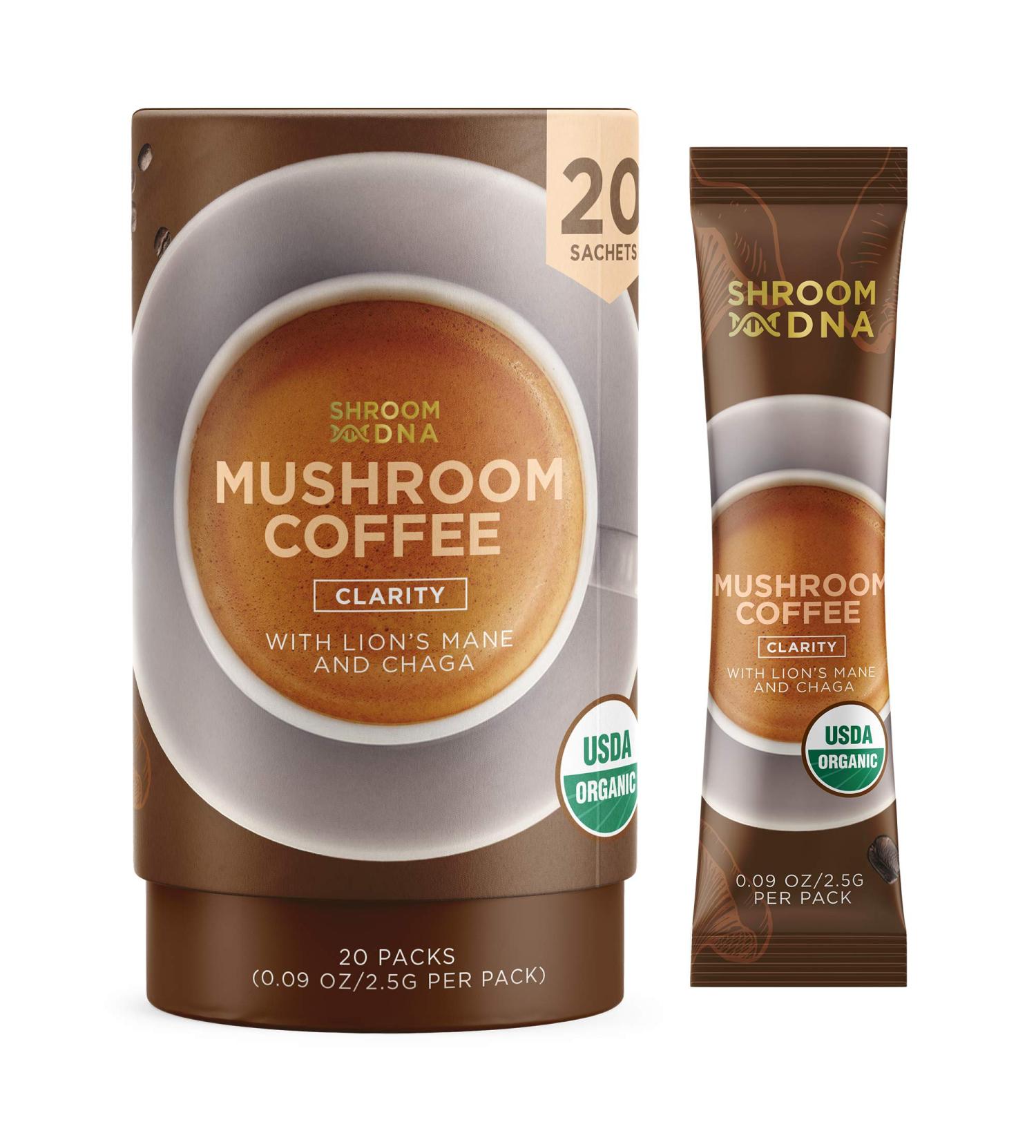 ShroomDNA Organic Mushroom Coffee with Lions Mane and Chaga Mushrooms - Instant Focus + Clarity All Day | USDA Certified Organic, Vegan, Gluten Free, No Added Sugar (20 Count) - Buy Online on SooperMarket.com