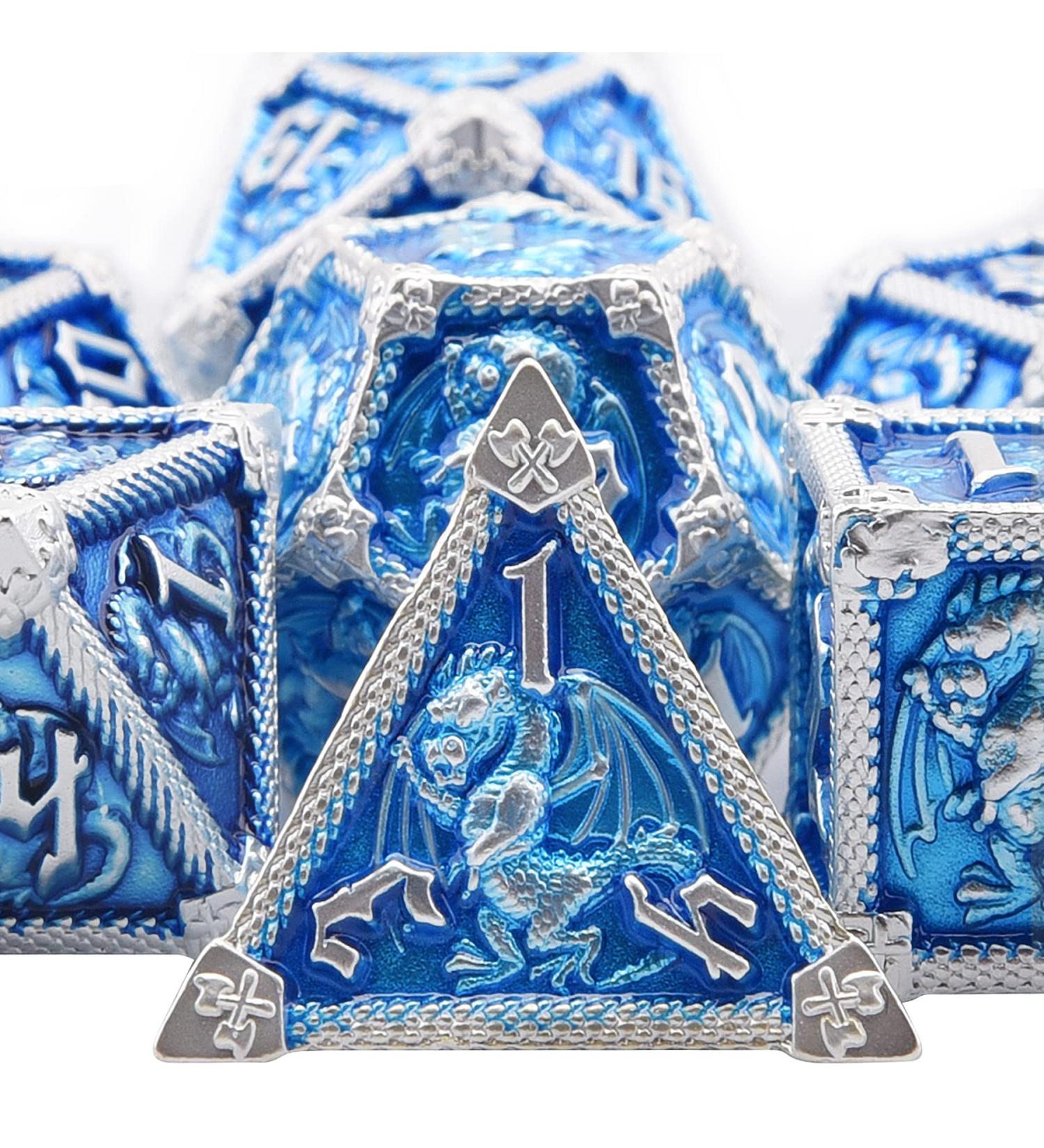 AUSTOR 7-Die Metal DND Dice Set - Sky Blue/Silver Edge - RPG Polyhedral Dice for D&D, Pathfinder, MTG - Includes D20, D12, D10, D%, D8, D6, D4 - Buy Online on SooperMarket.com