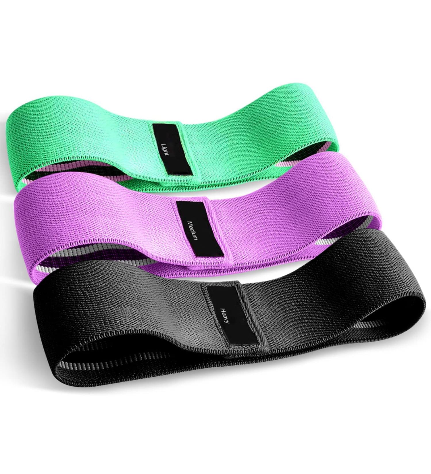 Fabric Resistance Bands Set of 3 for Hips & Glutes - Non-Slip Workout Bands for Men and Women - Strength Training Yoga Pilates Fitness - Black Purple Green - Buy Online on SooperMarket.com