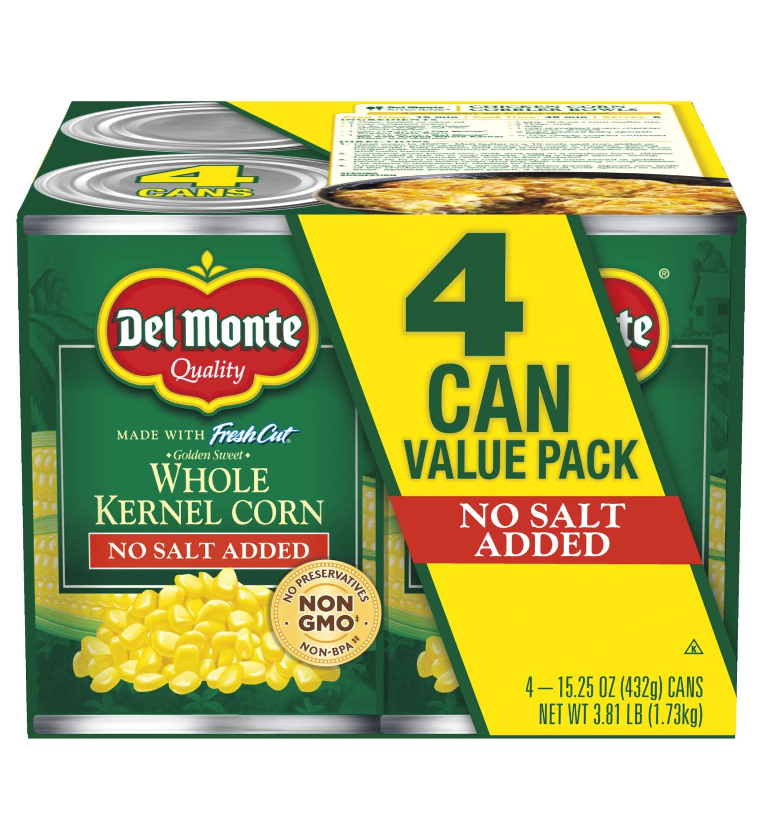 Del Monte Golden Sweet Whole Kernel Corn - No Added Salt - 15.25 oz Can - Buy Online on SooperMarket.com