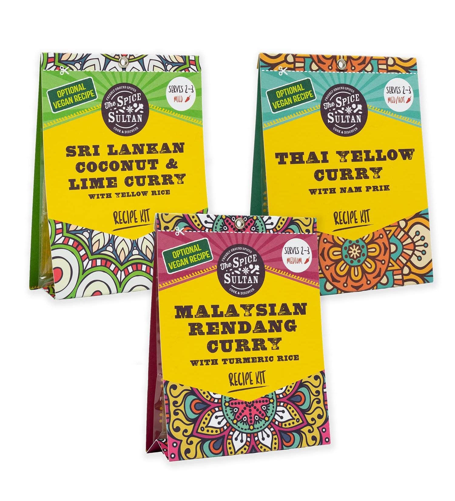 The Spice Sultan Asian Curry Kits Selection Box (3 Kits) - Thai Yellow, Sri Lankan Coconut, Malaysian Rendang - Recipes Included | Gluten-free, Vegan - Buy Online on SooperMarket.com