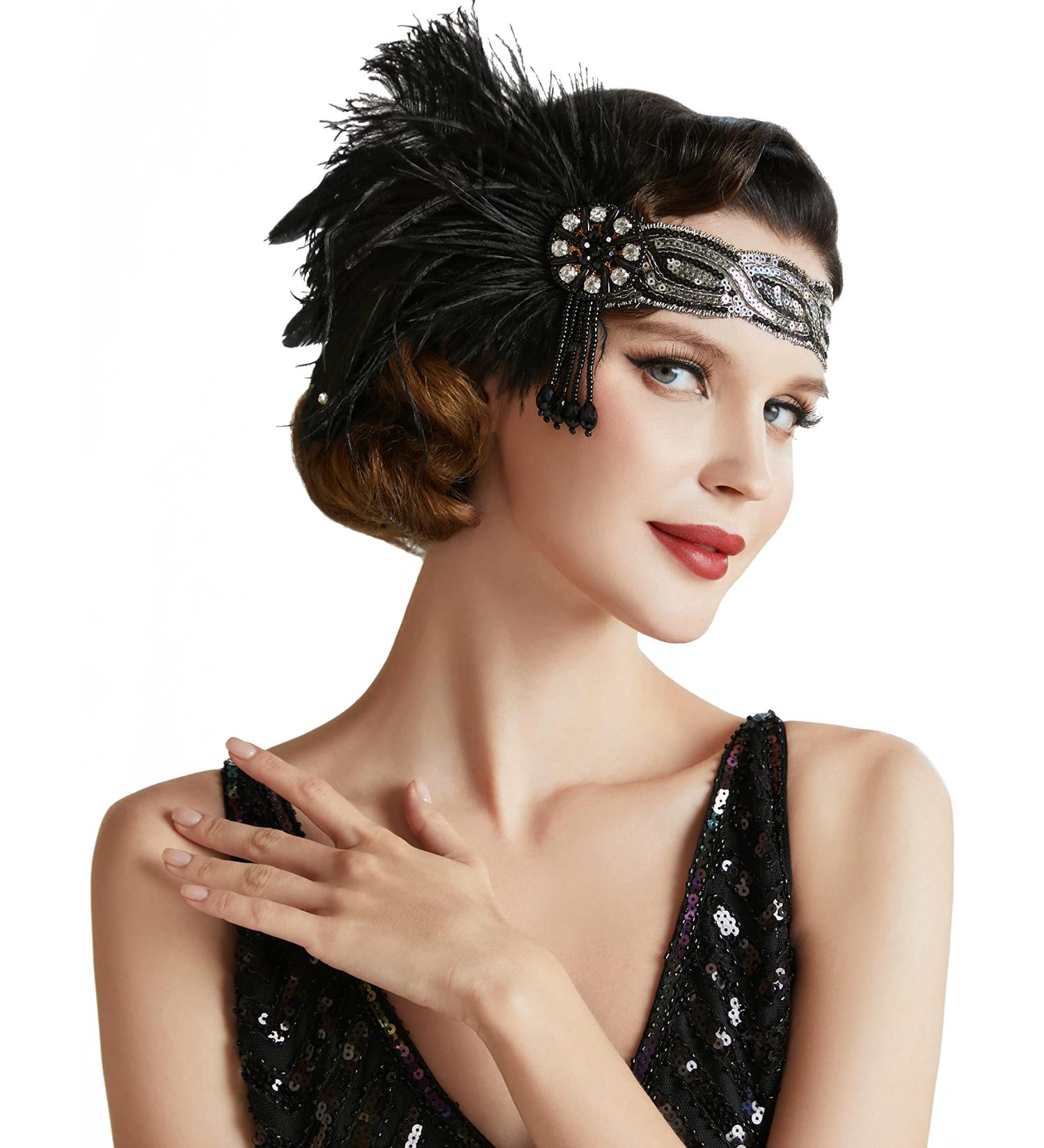 BABEYOND 1920s Vintage Headband Roaring 20s Flapper Headpiece with Feather 1920s Great Gatsby Costume Accesories (Black-2) - Buy Online on SooperMarket.com