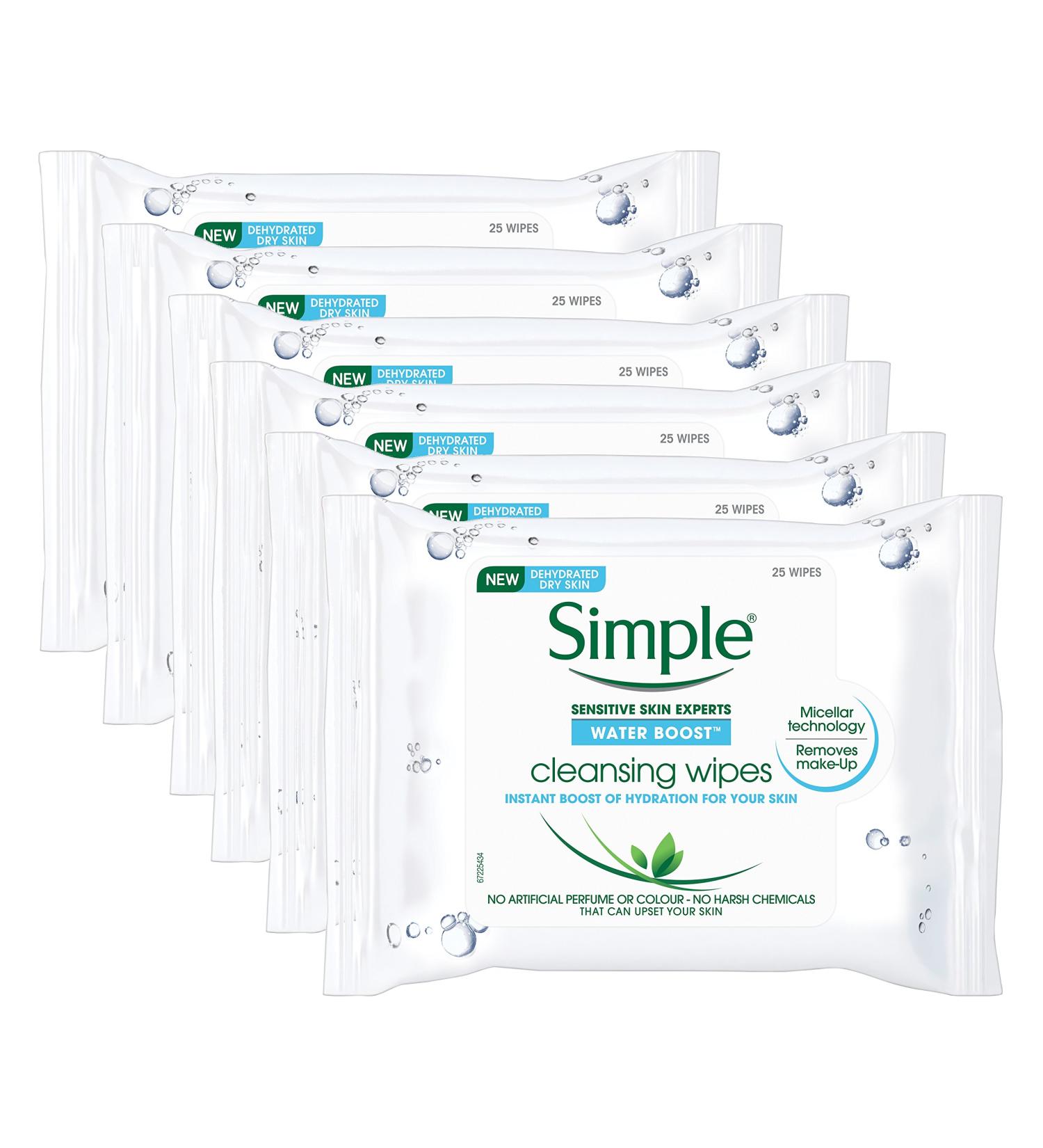 Simple Water Boost Hydrating Cleansing Wipes - 6 Packs of 25 Wipes (150 Wipes Total) - Buy Online on SooperMarket.com