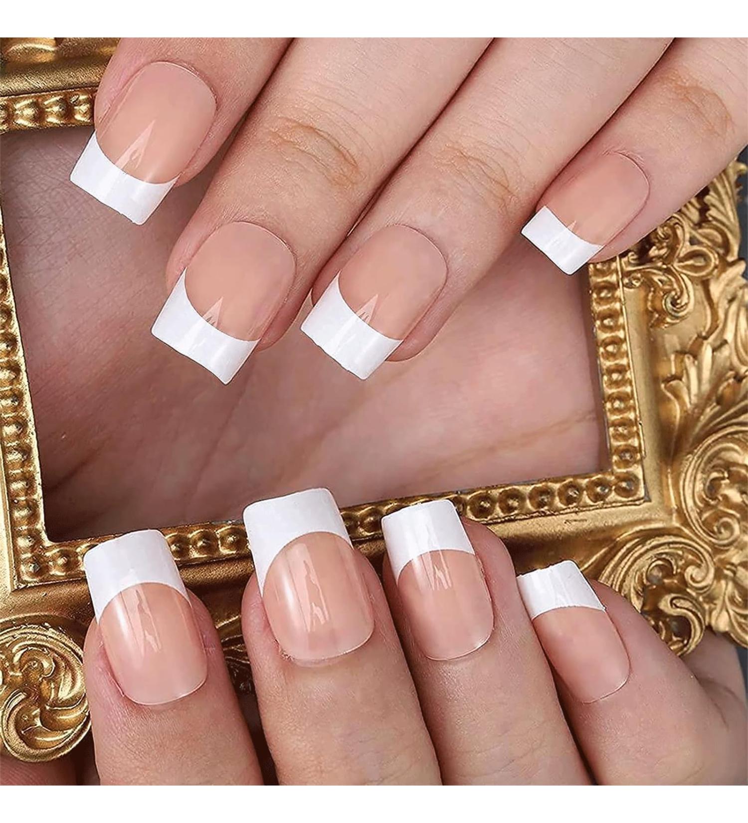 French Square False Nails Set - 24PCS Gloss Nude White Full Cover Press on Nails with Jelly Glue - Short Square White Fake Nails for Women and Girls - Buy Online on SooperMarket.com