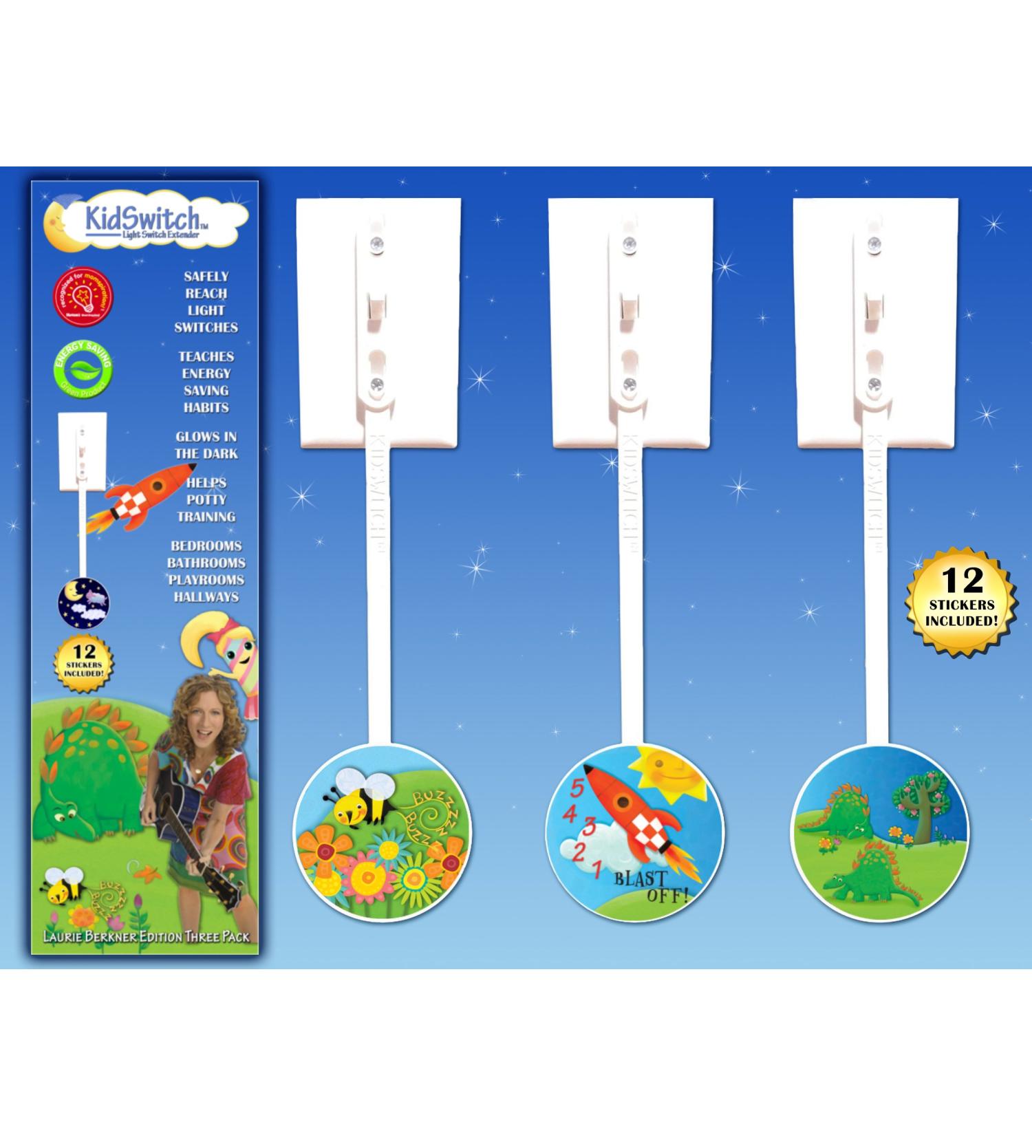 KidSwitch Lightswitch Extension for Toddlers - Laurie Berkner Edition - 3 Count with 12 Themed Art Decals - Multi-Award Winning! - Buy Online on SooperMarket.com