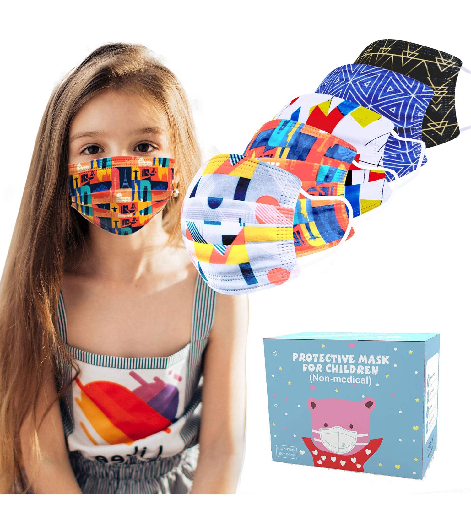 100PCS Sheal Disposable Kids Face Masks - Geometric Patterns Print (Ages 6-12) - Mixed Design - Buy Online on SooperMarket.com