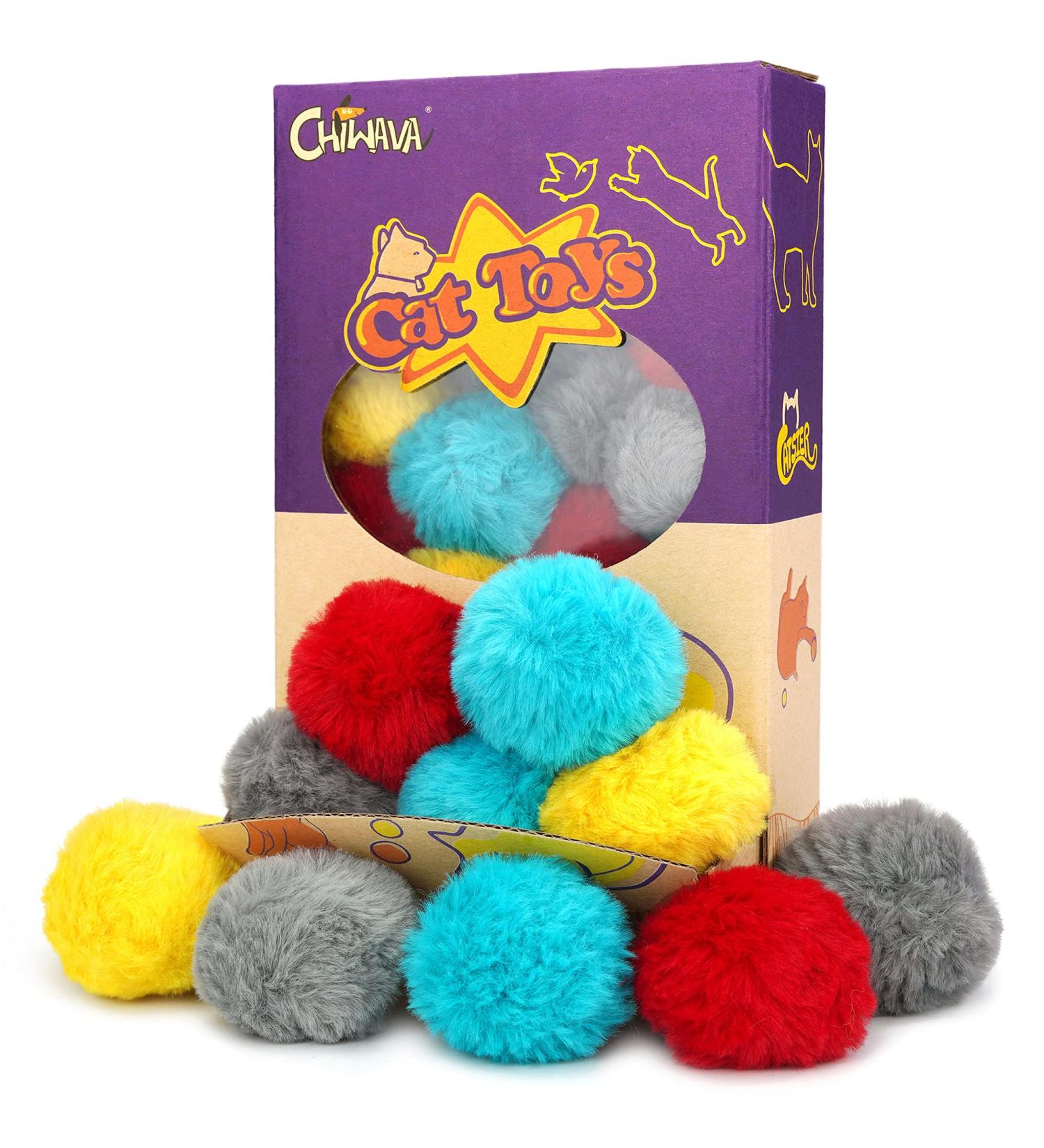 Chiwava 24PCS Catnip Furry Cat Toys Ball Soft Pom Pom Balls - Kitten Chase Quiet Play - Assorted Color - Buy Online on SooperMarket.com