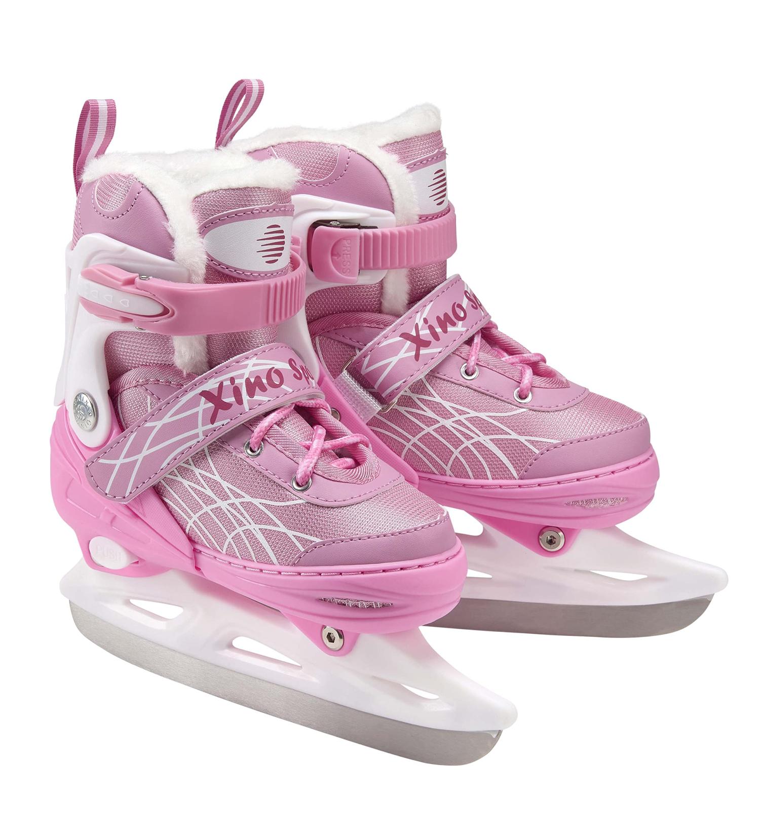 Xino Sports Deluxe Adjustable Ice Skates - Black/Pink, Faux Fur Padding, Reinforced Ankle Support - Pink Small Junior 13-3 - Buy Online on SooperMarket.com