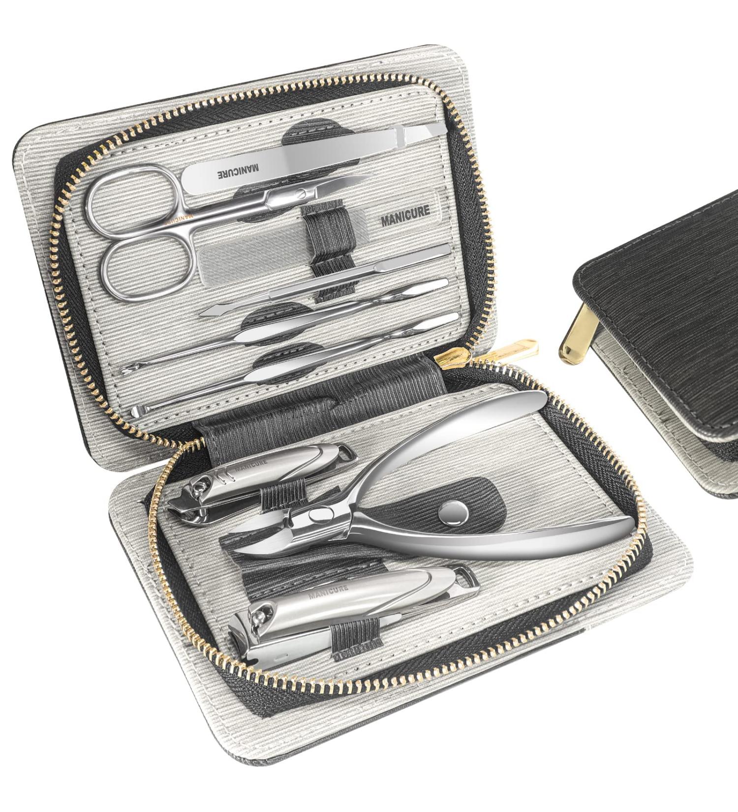 Professional 9-in-1 Manicure Set with Leather Case - Stainless Steel Nail Clippers Kit for Men - Black Grooming Kit with Fingernail & Toenail Clippers - 9 Piece Set - Buy Online on SooperMarket.com