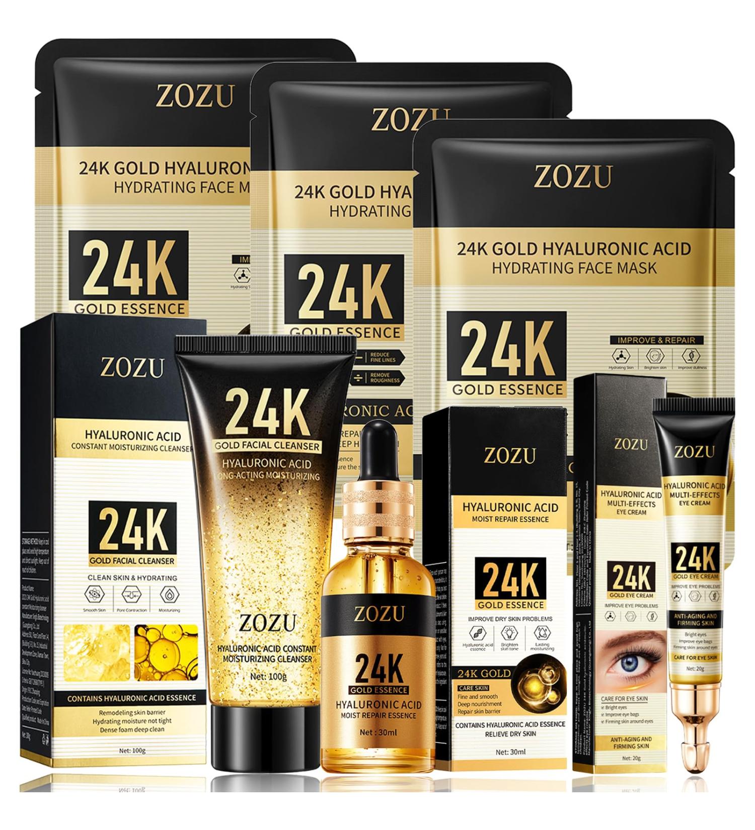24K Facial Skin Care Set for Women | Cleanser Serum Eye Cream & Mask | Hydrating Anti-Aging Routine | Ideal for Dry Skin - Buy Online on SooperMarket.com
