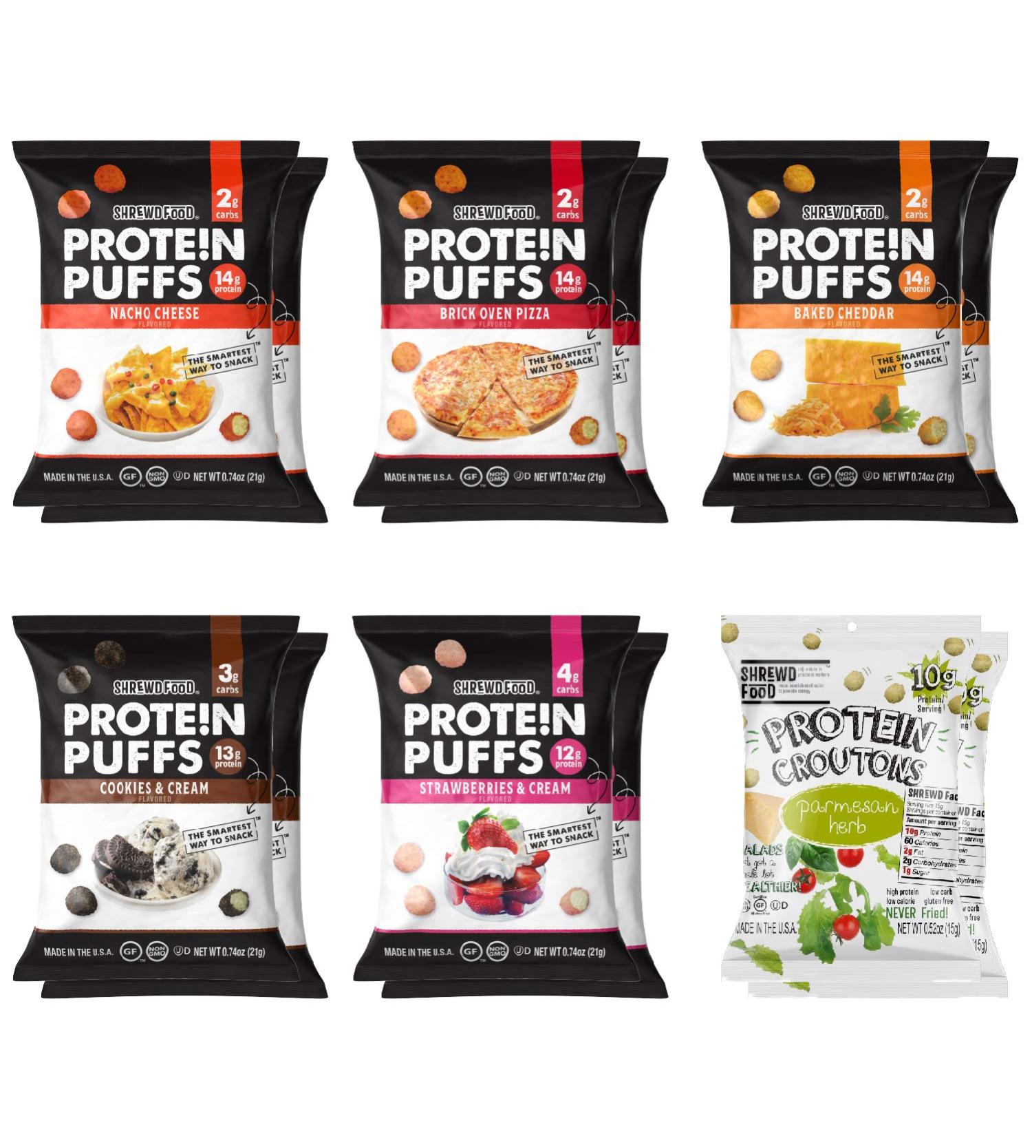 Shrewd Food Protein Puffs - High Protein, Low-Carb, Gluten-Free, Keto Snacks - Variety Pack of 12 - Non GMO, Soy-Free, Peanut-Free, Tree Nut-Free - Health Conscious Snacks, Never Fried - 0.74 oz - Buy Online on SooperMarket.com
