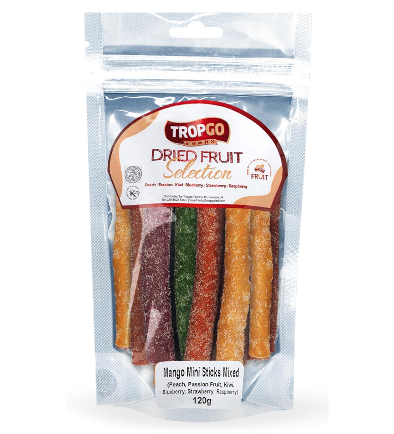 Tropgo Dried Fruit Bites - Mango Dried Fruit Mix Mini Sticks - Mixed Dried Fruit in Pouch - Healthy Snacks for Adults and Kids - Peach Passion Kiwi Blueberry Strawberry Raspberry - Buy Online on SooperMarket.com