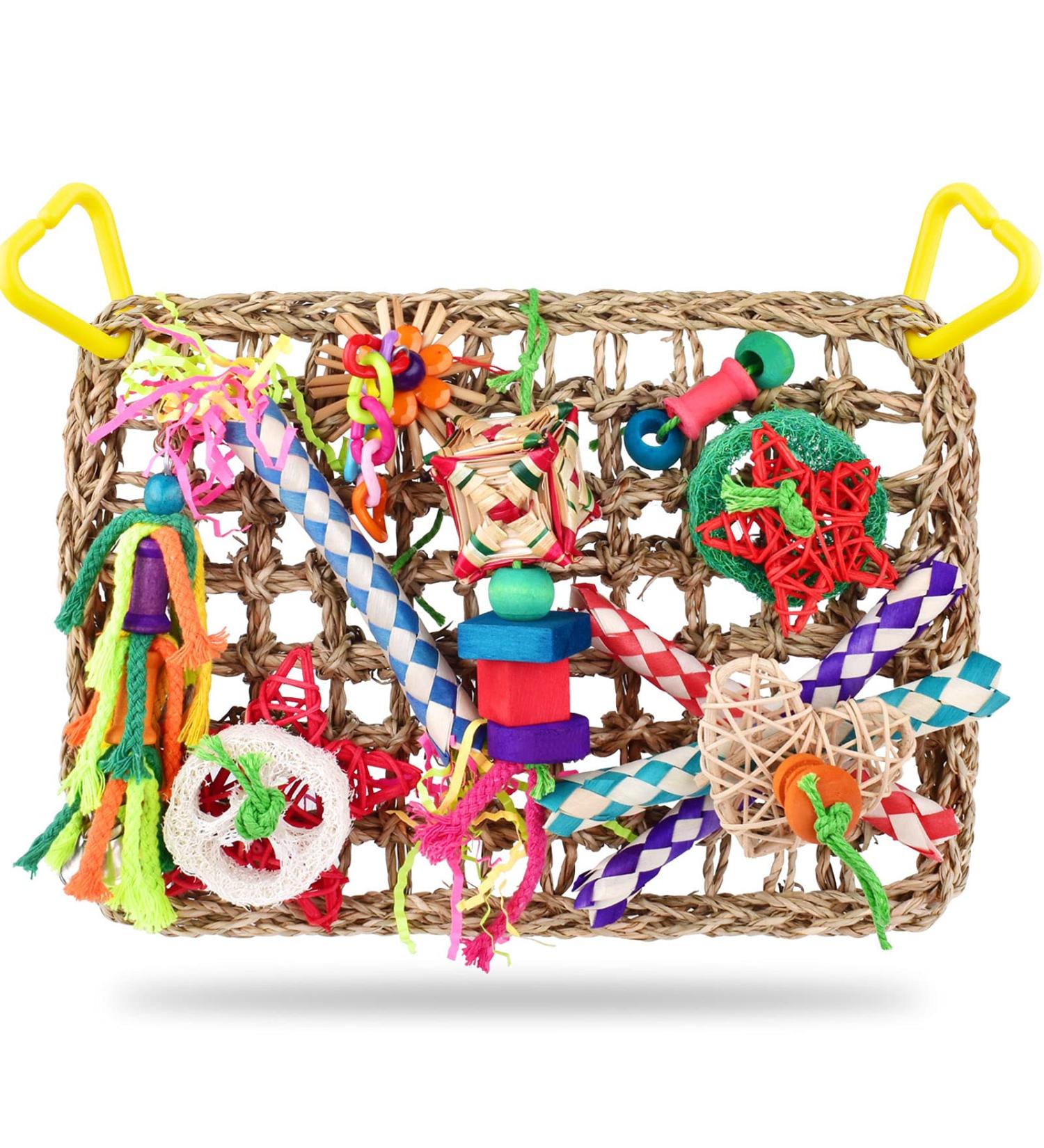 KATUMO Bird Foraging Wall Toy with Edible Seagrass Mat and Chewing Toys - Ideal for Lovebirds, Finch, Parakeets, Conure, Cockatiel - Buy Online on SooperMarket.com
