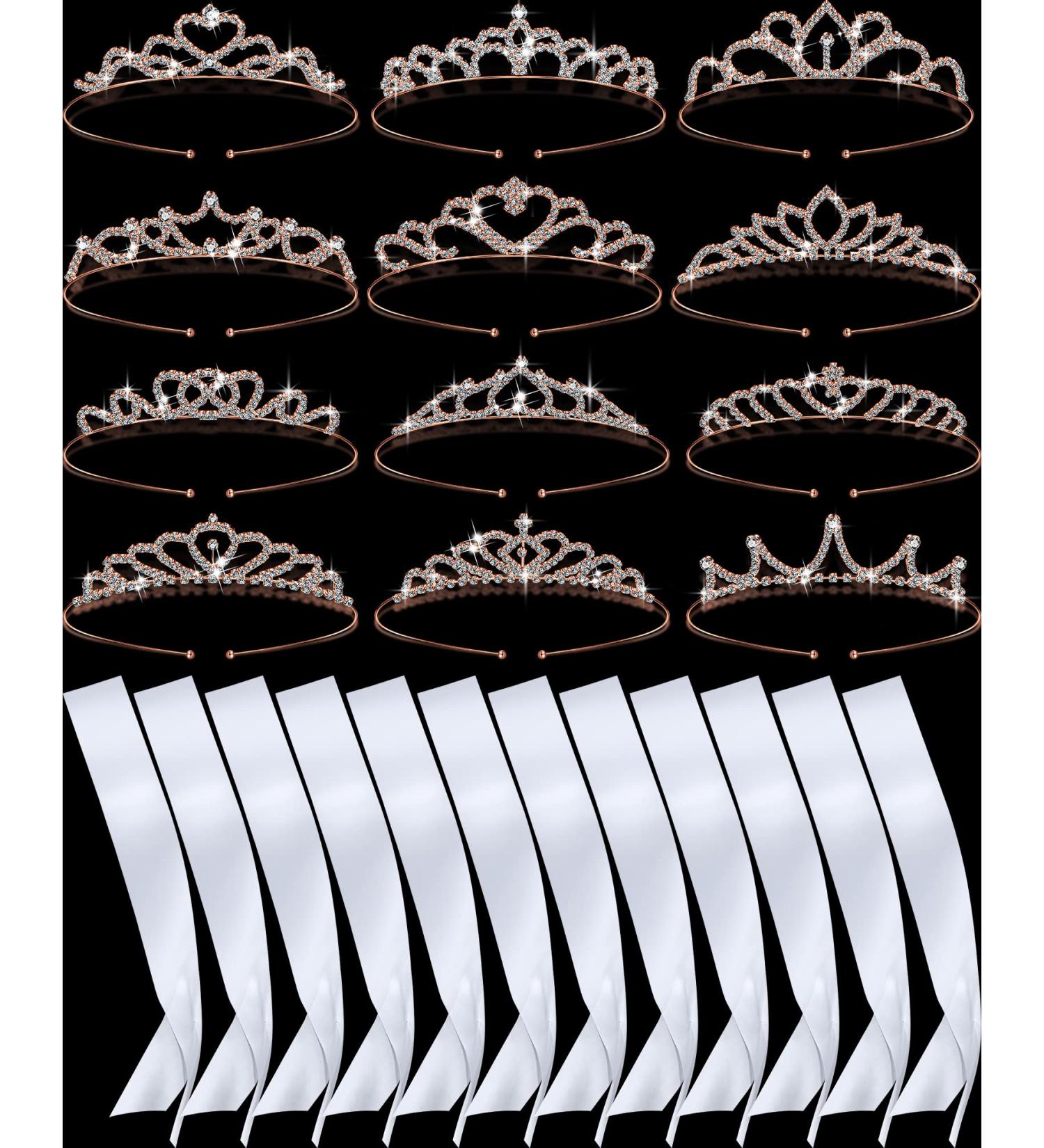 12 Blank Sashes and Tiara Set - Prom Queen Satin Sashes & Rhinestone Tiara Crown - White DIY Sash for Pageants, Birthdays, Weddings - White/Rose Gold - Buy Online on SooperMarket.com