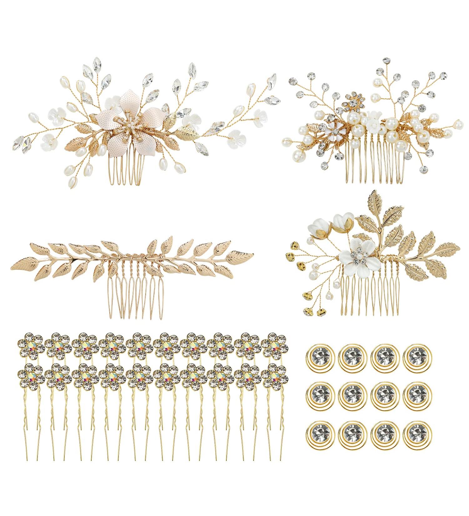 Gold Flower Leaf Wedding Hair Combs & Pins Set - Bridal Hair Accessories - Buy Online on SooperMarket.com