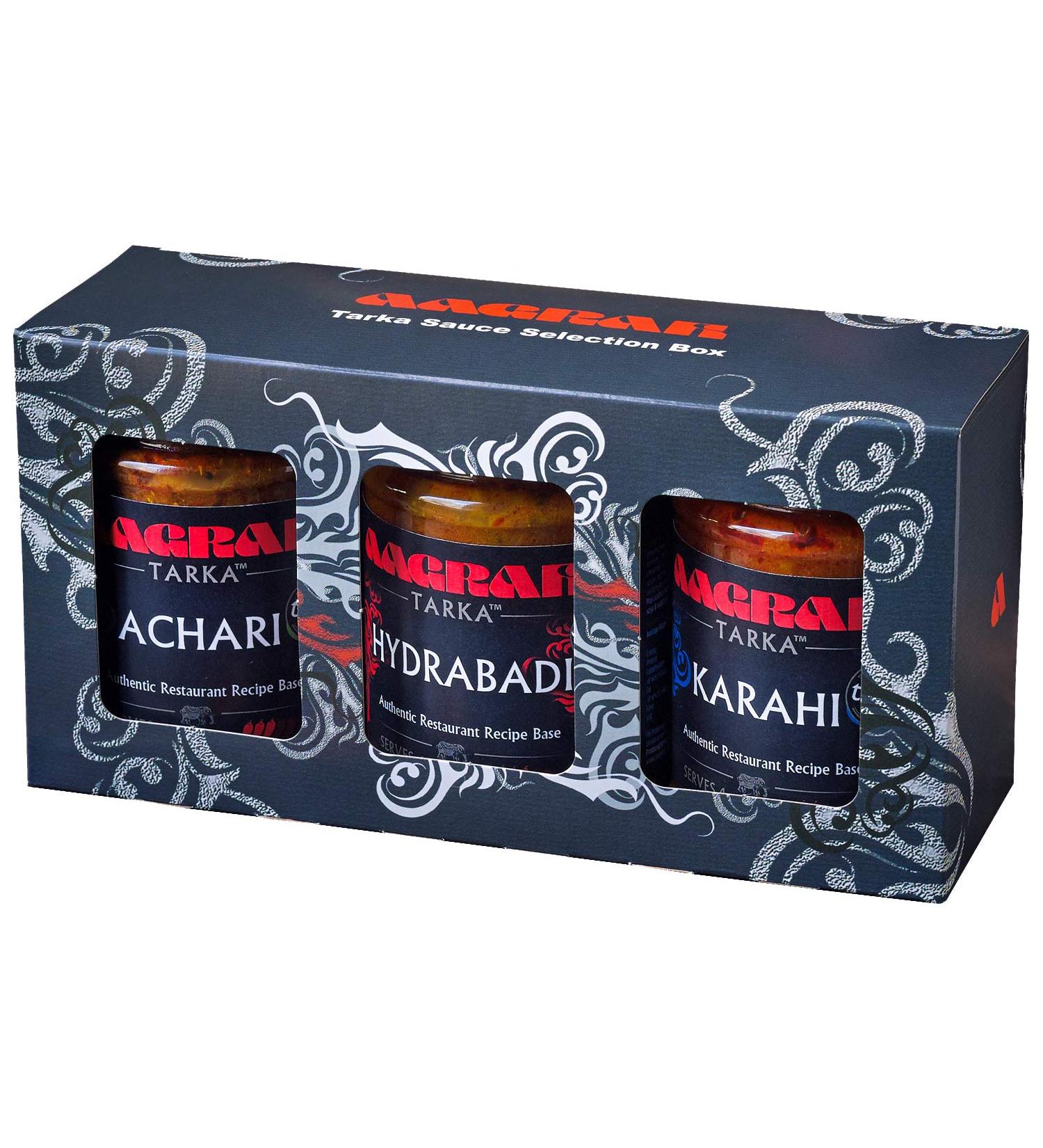 Aagrah Tarka Indian Curry Cooking Sauces Gift Box - Karahi Achari and Hydrabadi - Authentic Restaurant Recipes - 3 x 270g - Each Jar Serves 3-4 - Buy Online on SooperMarket.com