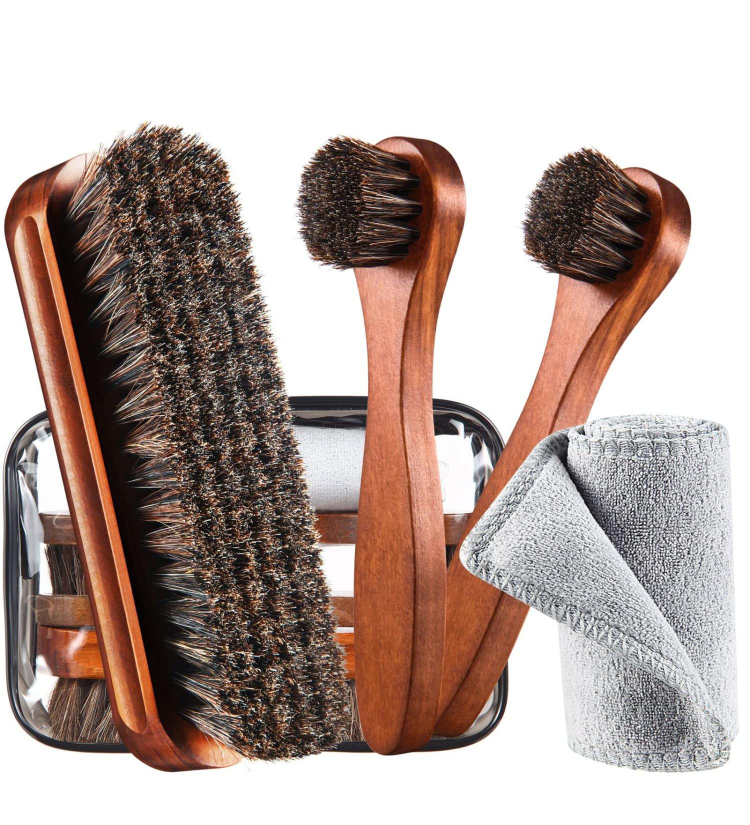 4 Pcs Horsehair Shoe Brush Kit with Polishing Daubers & Applicators - Leather Care Brushes Set for Shine Cleaning - Includes Cloth and Bag (Shoe Brush Set E) - Buy Online on SooperMarket.com