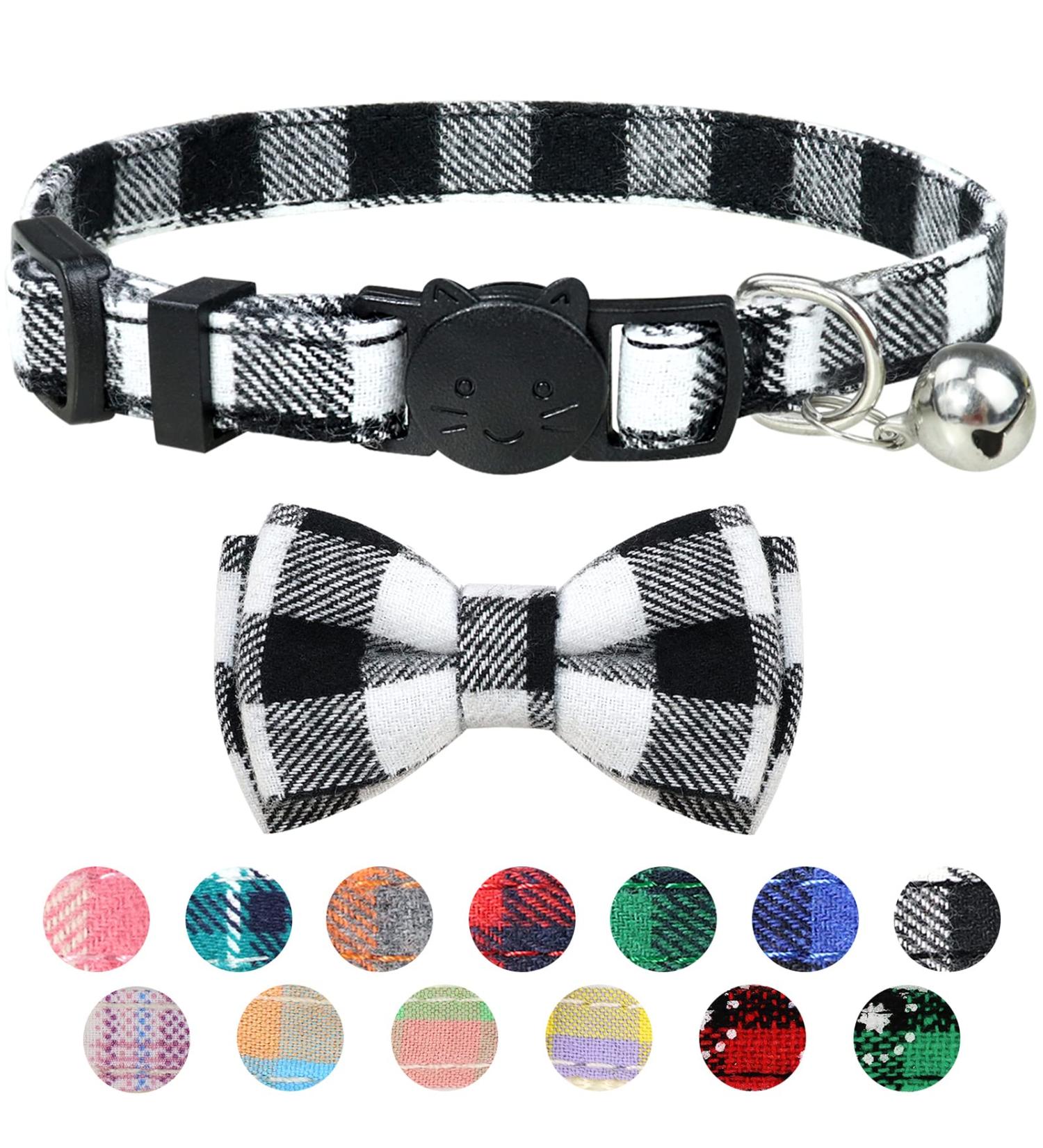 Dynmeow Plaid Pattern Cat and Dog Collar with Bowtie - Adjustable, Comfortable Boy or Girl Gift - XX-Small, Black - Buy Online on SooperMarket.com