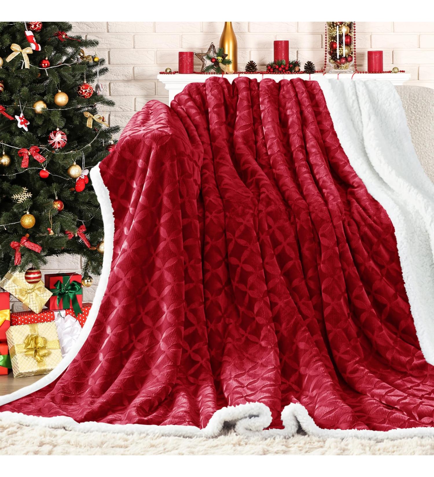 Red Sherpa Christmas Throw Blanket - Cozy Fluffy Reversible Flannel Fleece - 50x60 inches - Perfect for Couch, Sofa, Bed - Warm & Plush - Buy Online on SooperMarket.com