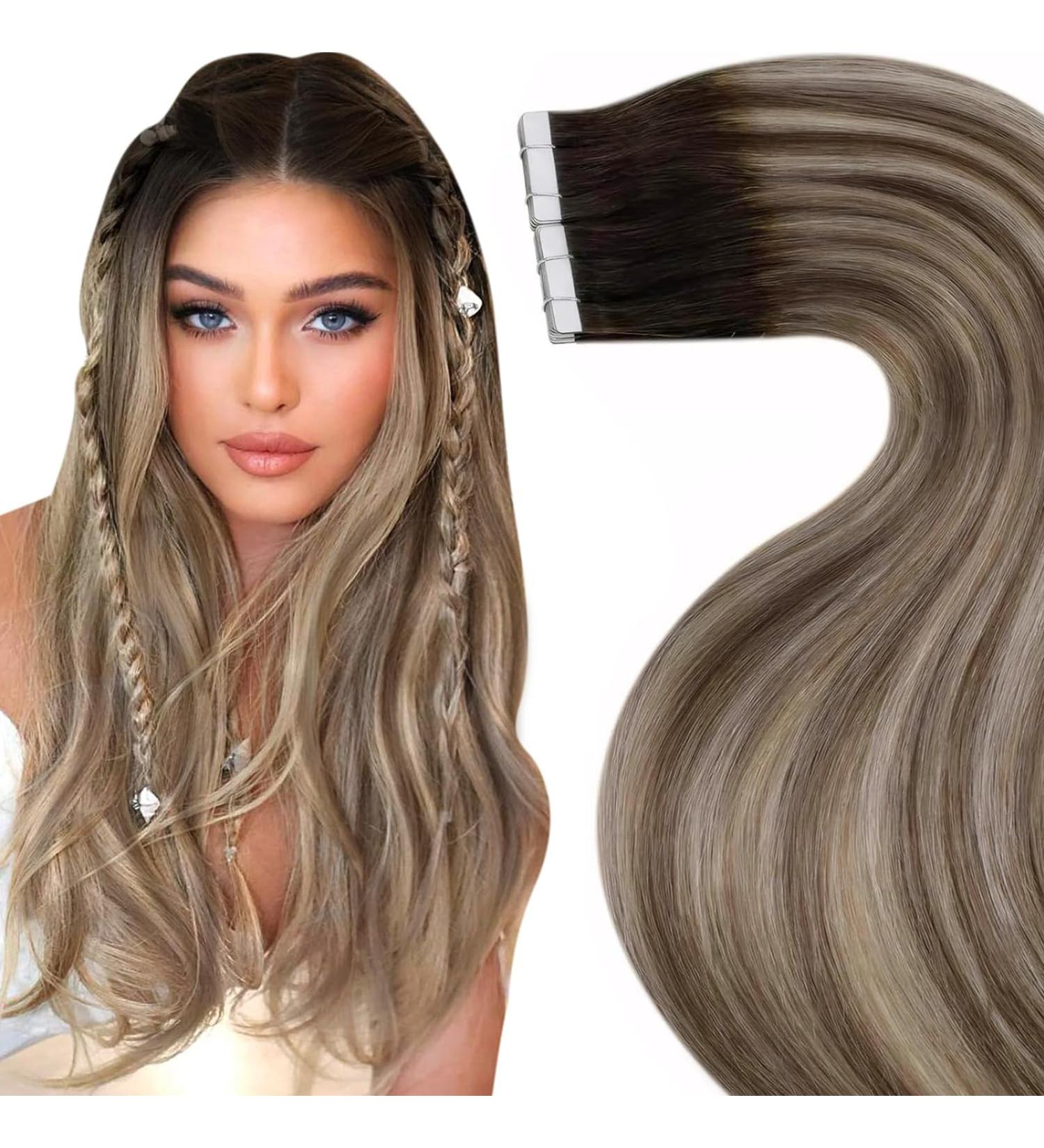 Shop Laavoo Invisible Tape Extensions - Real Hair Balayage Ombre Brown to Light Blonde 45cm 50g 20pcs - Tape-In Skin Weft - Buy Online on SooperMarket.com