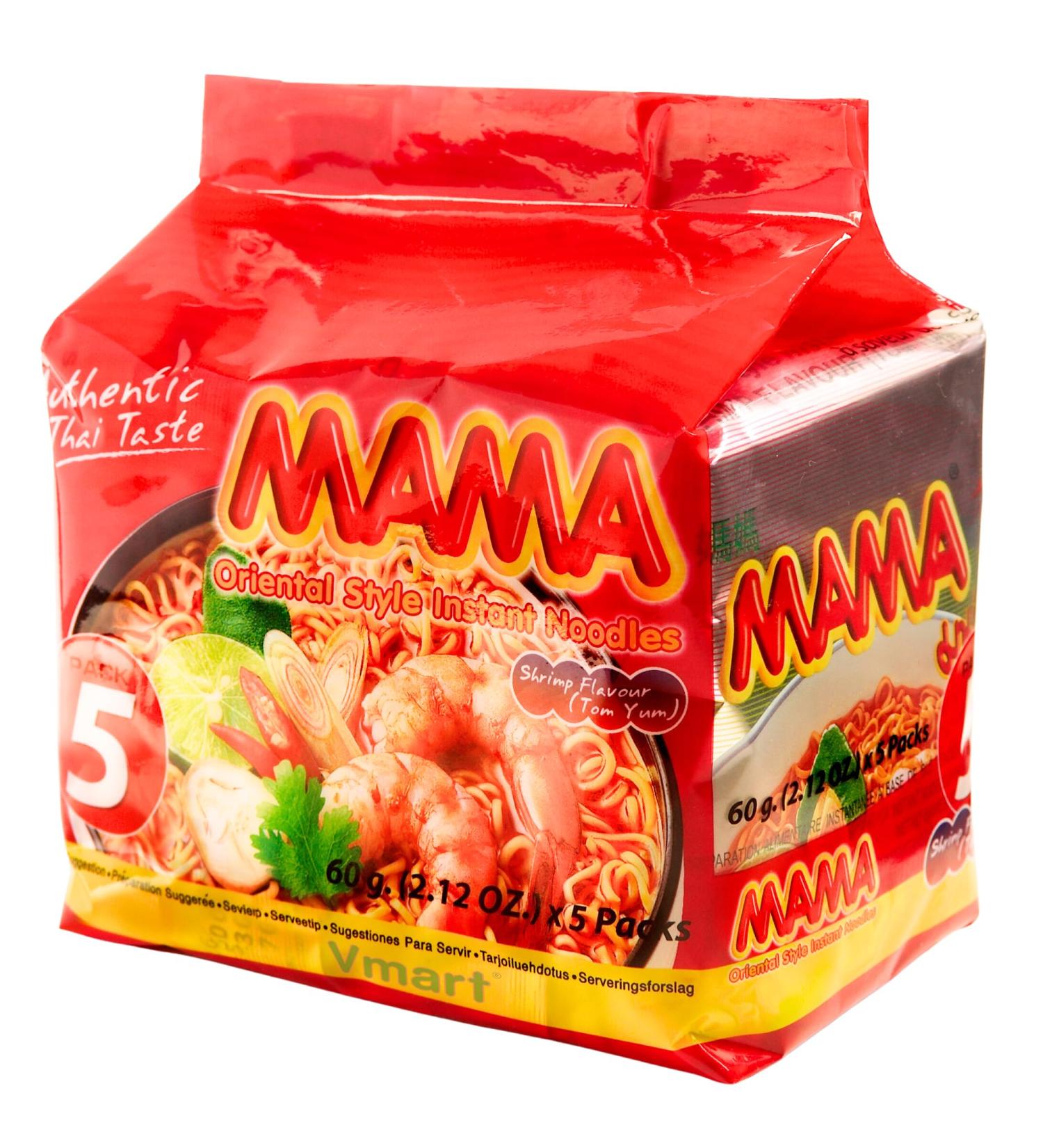 MAMA Tom Yum Shrimp Noodles Halal 60g Pack of 5 - Delicious Thai Flavors Hot & Spicy Noodles w/Shrimp Tom Yum Soup Base No Trans Fat w/Fewer Calories Than Deep Fried Noodles - Buy Online on SooperMarket.com