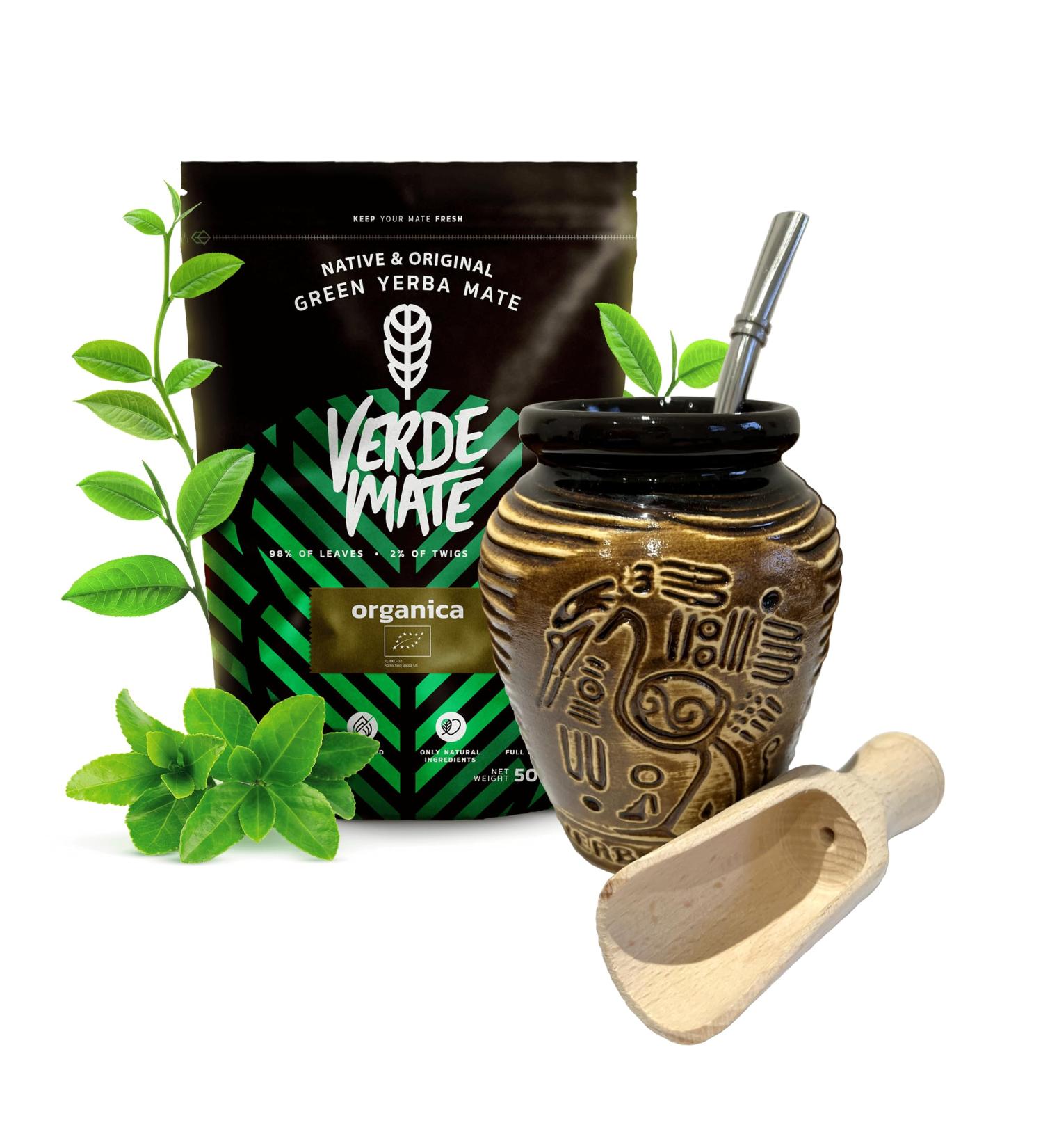 Verde Mate Organica Yerba Mate Tea Set | Natural Strong Energy Drink | Mate Tea Complete Set | Begginer's Kit | Yerba Mate Booster 500g|Ceramic Bird Cup Gourd 300ml|Stainless Bombilla - Buy Online on SooperMarket.com