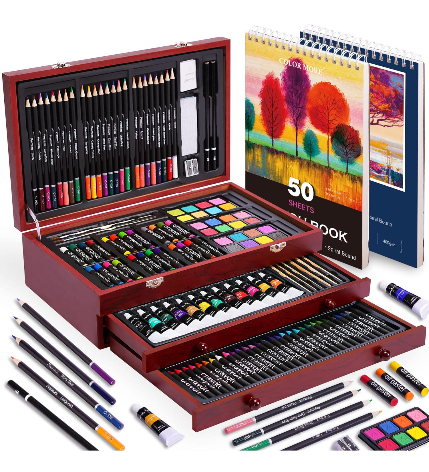 175 Piece Deluxe Art Set with Acrylic Paints and Drawing Pads in Wooden Case - Professional Art Kit for Adults, Teens, and Artists - Cherry - Buy Online on SooperMarket.com