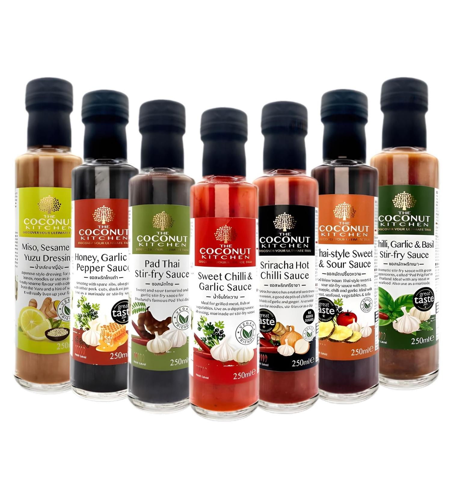 Coconut Kitchen Sauce Bottle Pick N Mix | Choose From 6 Flavours | Chilli Garlic Honey-Garlic Miso Sesame Sriracha Hot-Chilli Sweet-Chilli Thai Sweet - Pack of 4 x 250g - Buy Online on SooperMarket.com