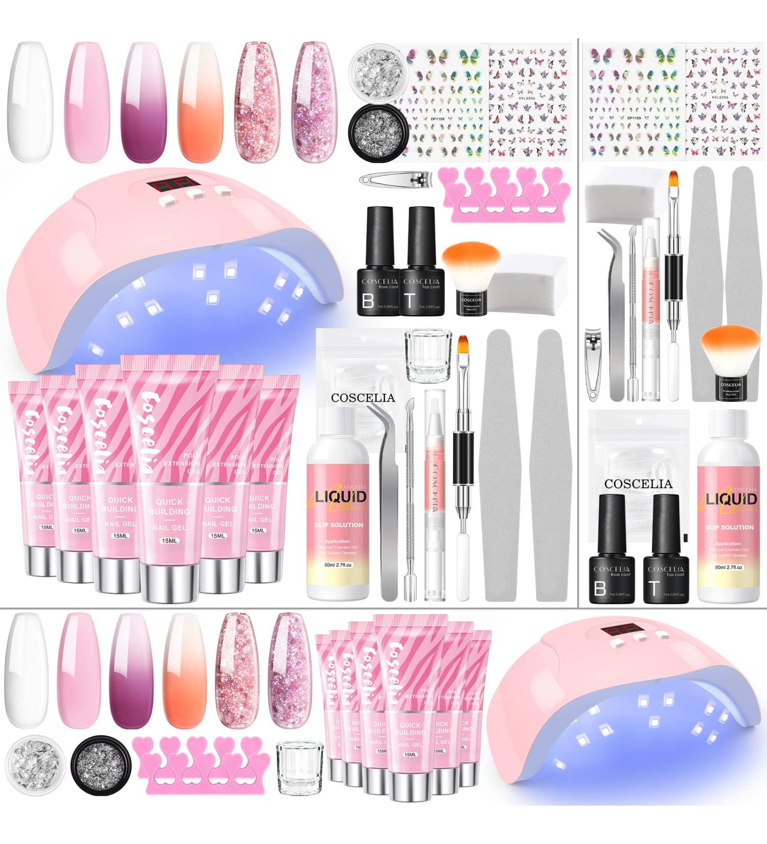 COSCELIA Poly Nail Gel Kit with UV Light 36W - 6pcs Extension Gel Set for Color Changing & Glitter Nails - Beginner Manicure Kit with Base, Top Coat, and Slip Solution - Ideal Gift for Women and Girls - Buy Online on SooperMarket.com
