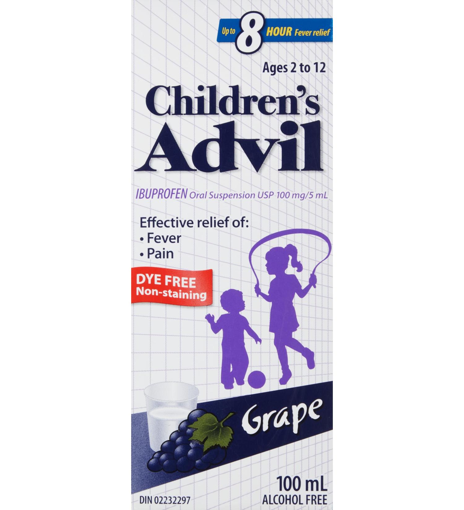 Children's Advil (100 ML Grape Flavour) Ibuprofen Suspension Dye Free Temporary Fever Reducer 100 ml (Pack of 1) Grape - Buy Online on SooperMarket.com