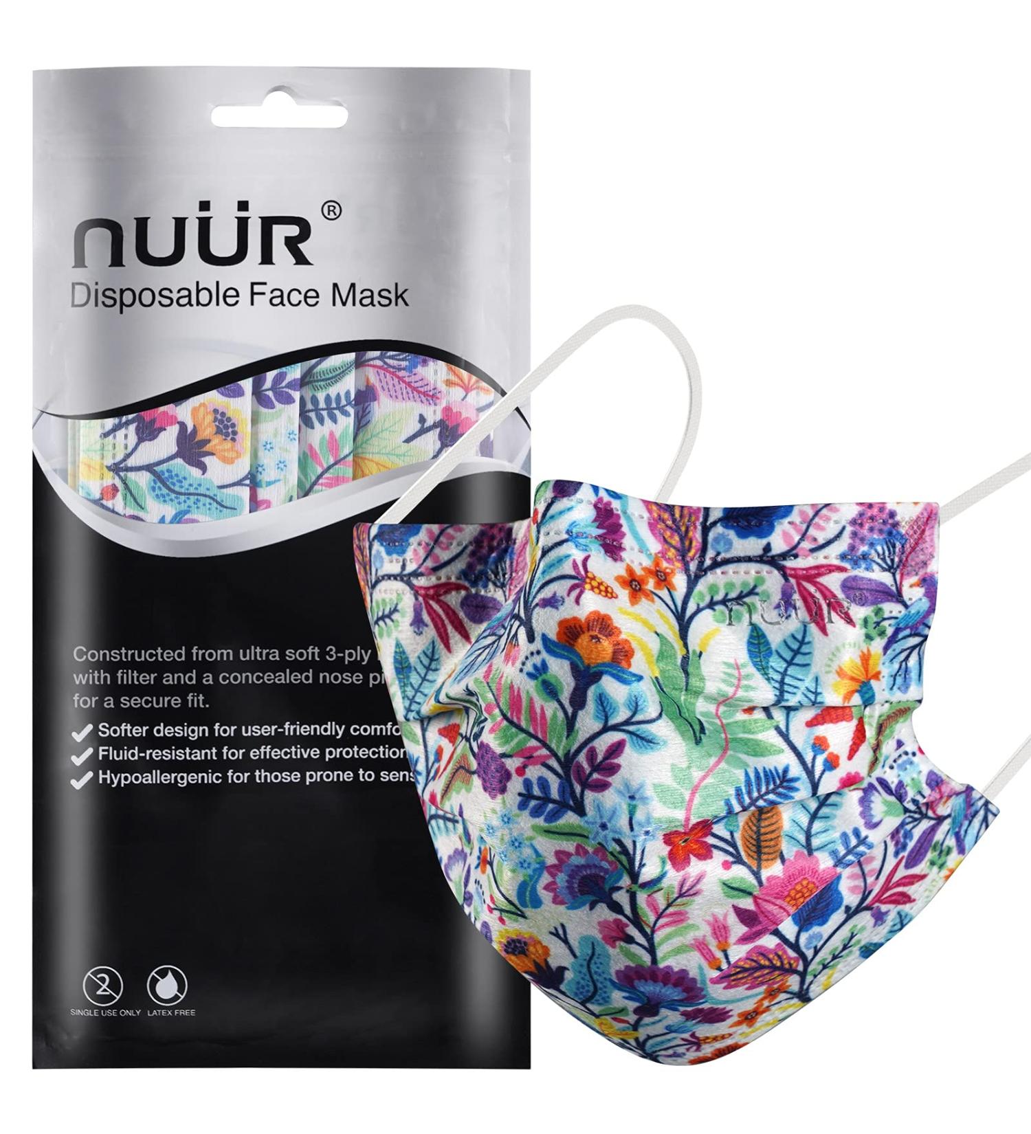 NU R Floral 3 Ply Disposable Face Mask with Filter Layer - 10pcs, Elastic Earloop, Retail Sealed Bags - FLORAL-018 - Buy Online on SooperMarket.com