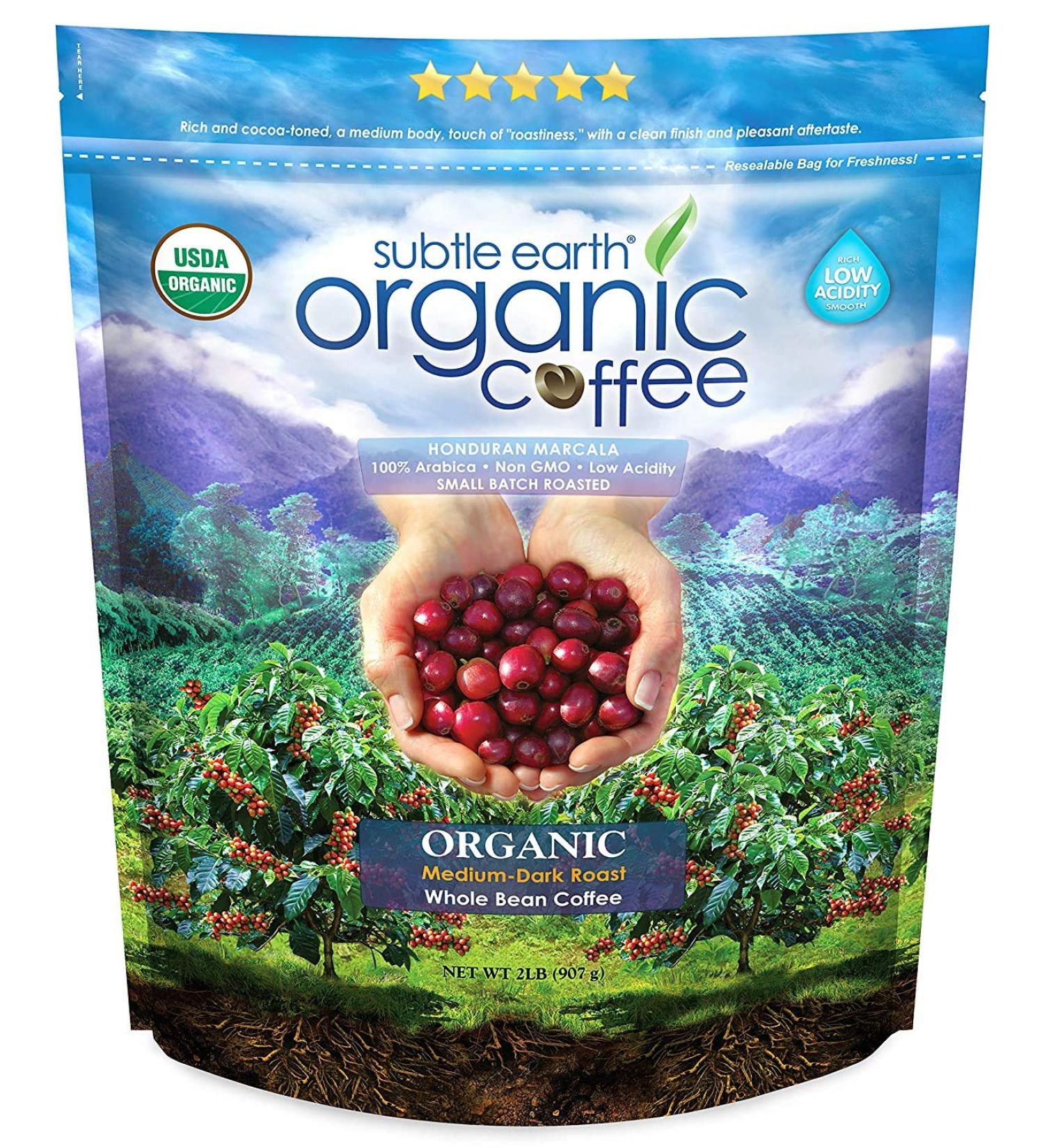 Subtle Earth Organic Medium-Dark Roast Whole Bean Coffee - 2lb Bag | 100% Arabica Beans, Low Acidity, Non-GMO - Buy Online on SooperMarket.com