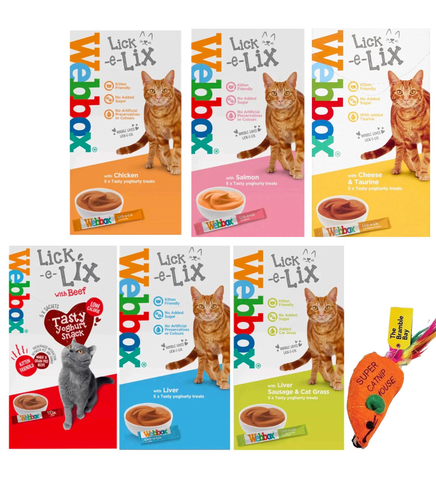 Cat Treats bundle contains Lick e Lix Chicken Salmon Beef Liver Cheese Cat Grass Licky Lix 6x5's Kitten Treat and Snacks Lick-e-Lix Total 30 sachets and our Catnip mouse toy - Buy Online on SooperMarket.com