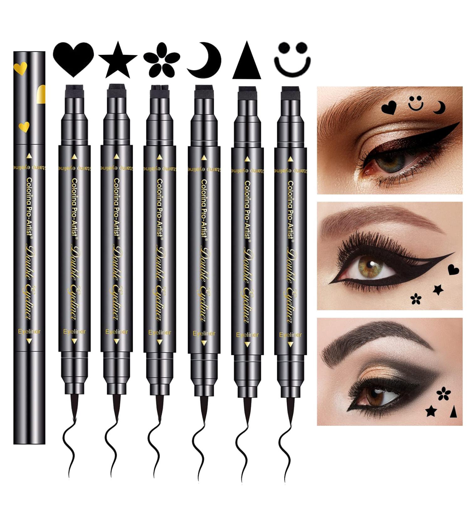 QIUFSSE 6pcs Double-headed Liquid Eyeliner Stamp Set for Women - Waterproof, Smudgeproof, Long Lasting - Love Flowers Moon Stars Smiley Triangles - Buy Online on SooperMarket.com