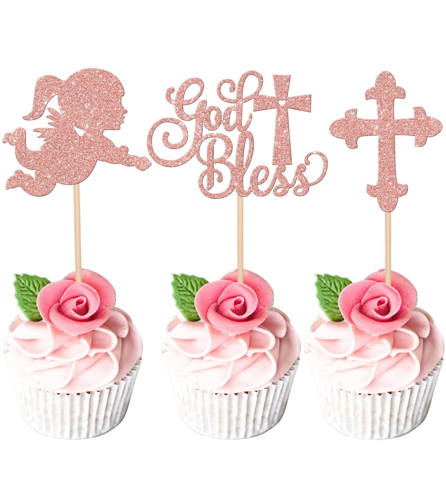 Rsstarxi 24 Pack God Bless and Cross Cupcake Toppers Angel Christening Babyshower Girl Baptism Cupcake Picks Decoration for First Communion Baptism Party Cake Decorations Rose Gold Design 10 Rose Gold - Buy Online on SooperMarket.com