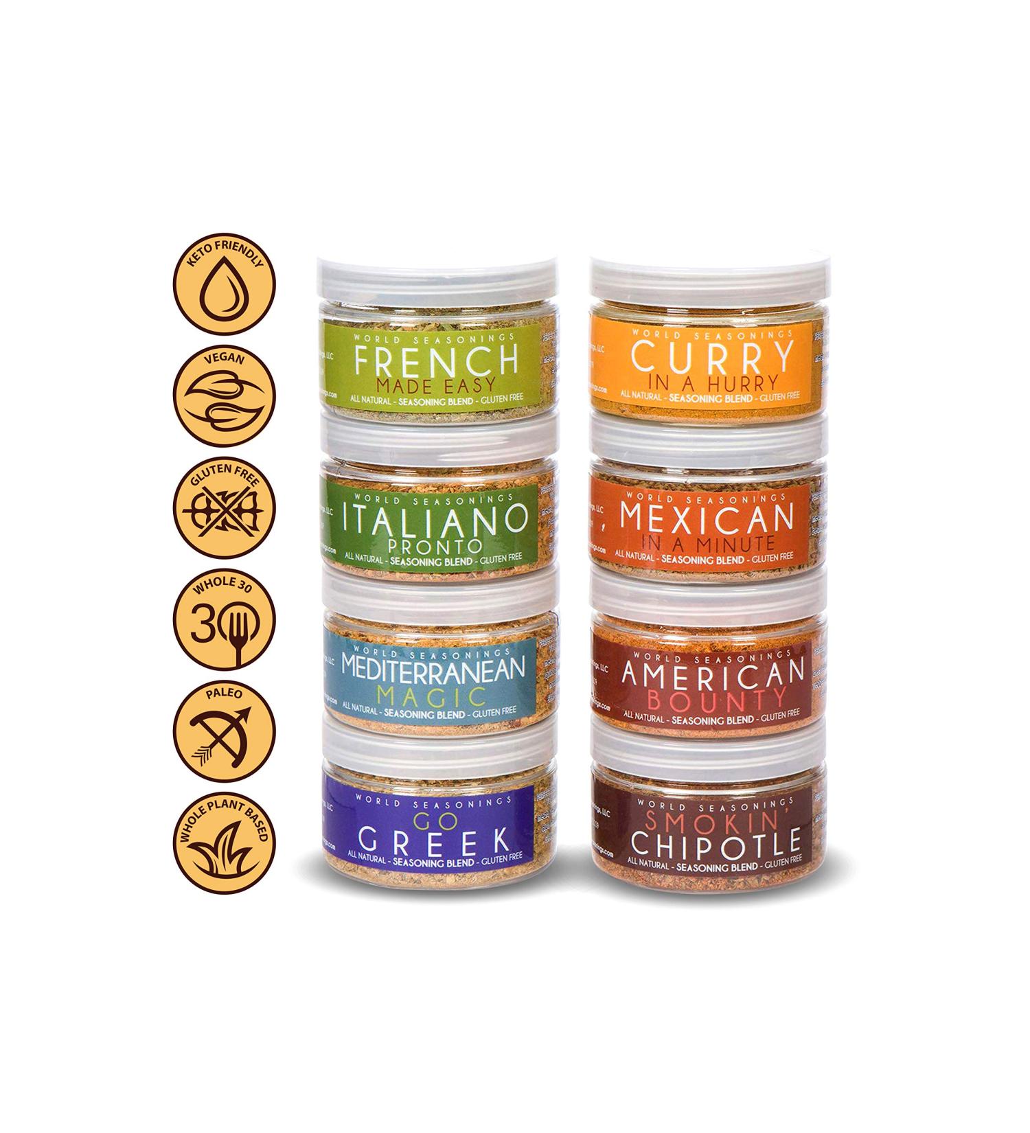 World Seasonings Variety 8 Pack - Greek, Italian, French Fry, Mexican, Chipotle, Curry, Mediterranean, BBQ Dry Rub - Buy Online on SooperMarket.com