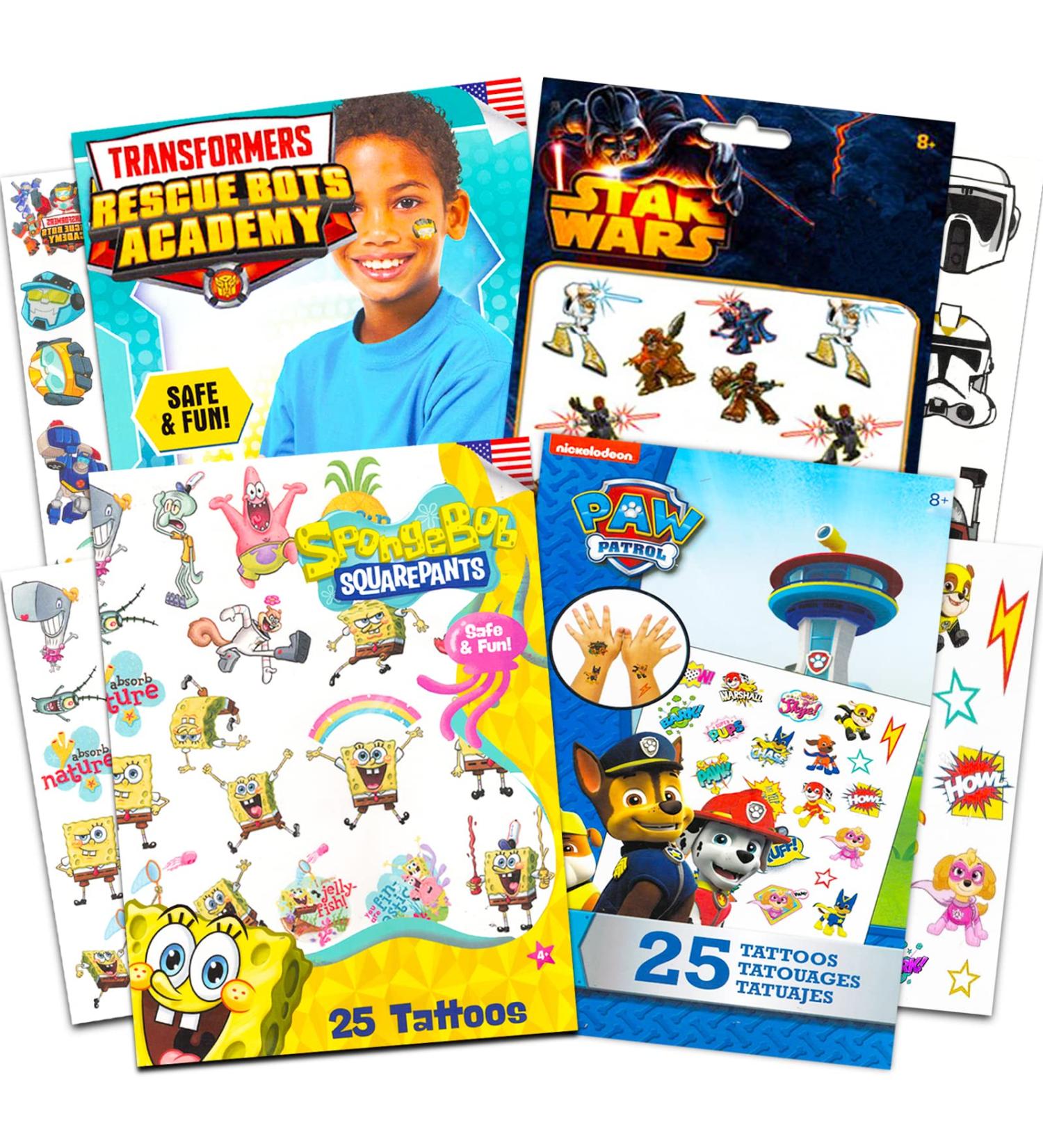 Boys Temporary Tattoos Bundle - 150 Pcs Featuring Star Wars, Rescue Bots, Spongebob, Paw Patrol | Toddler Party Favors - Buy Online on SooperMarket.com