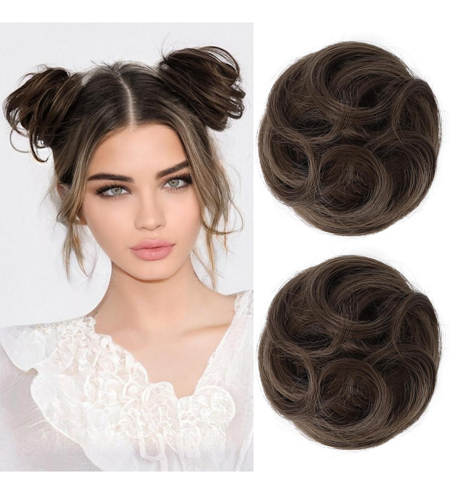 REECHO 2 PCS Mini Claw Clip in Messy & Cat Ears Hair Bun Extensions Wig Accessory Updo Hairpieces for Women Girls (Pack of 2-3.5" Wavy Medium Brown with Highlights) Pack of 2 - 3.5" Wavy Medium Brown with Highlights - Buy Online on SooperMarket.com