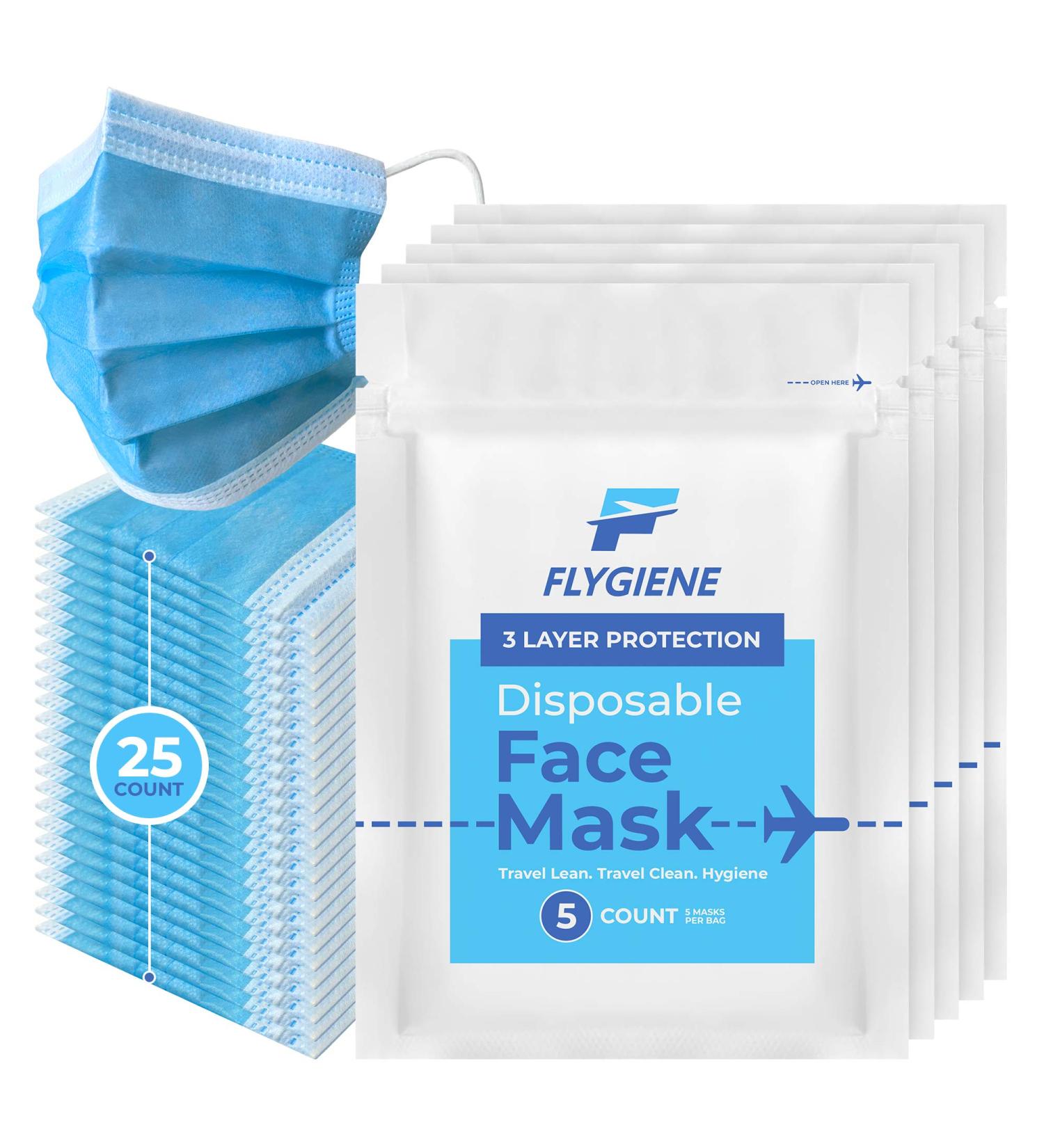 Travel Size Face Mask - 3 Ply Blue Disposable Face Masks for Adults - TSA Approved for Air Travel - 25 Count (5 Packs of 5) - Breathable & Comfortable - Buy Online on SooperMarket.com