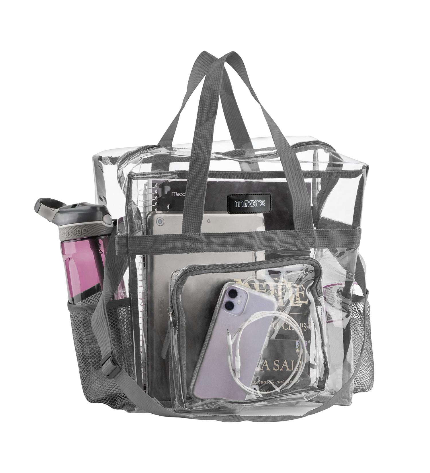Clear Stadium Approved Tote Bag with Mesh Pockets, Zippered Top, and Shoulder Straps - Ideal for Work, School, Games, and Concerts - Clear/Grey Trim - Buy Online on SooperMarket.com