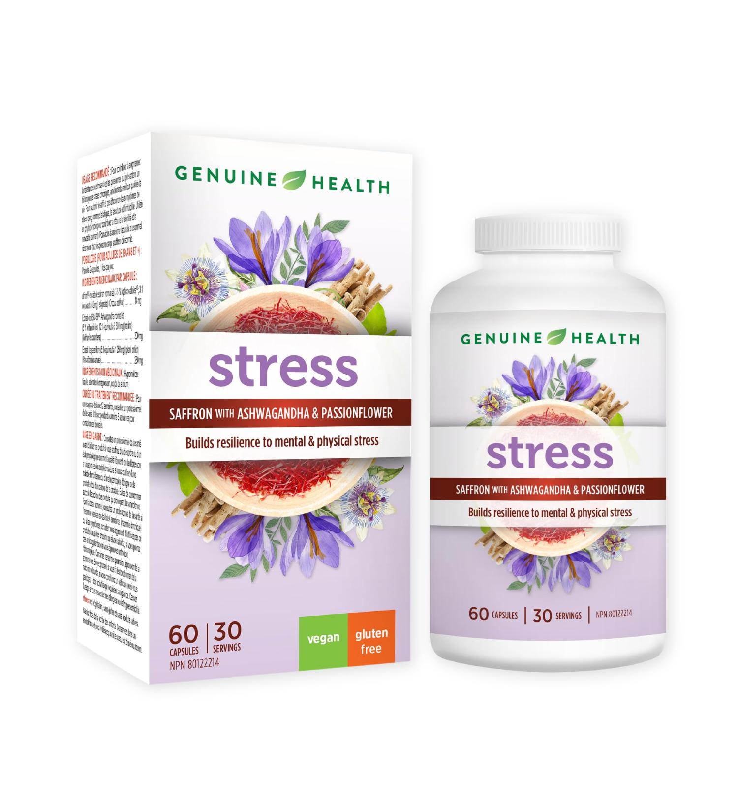 Genuine Health stress 60 count 30 day supply Saffron Ashwagandha and Passionflower for natural daily stress and sleep support Dairy & gluten-free Vegan - Buy Online on SooperMarket.com