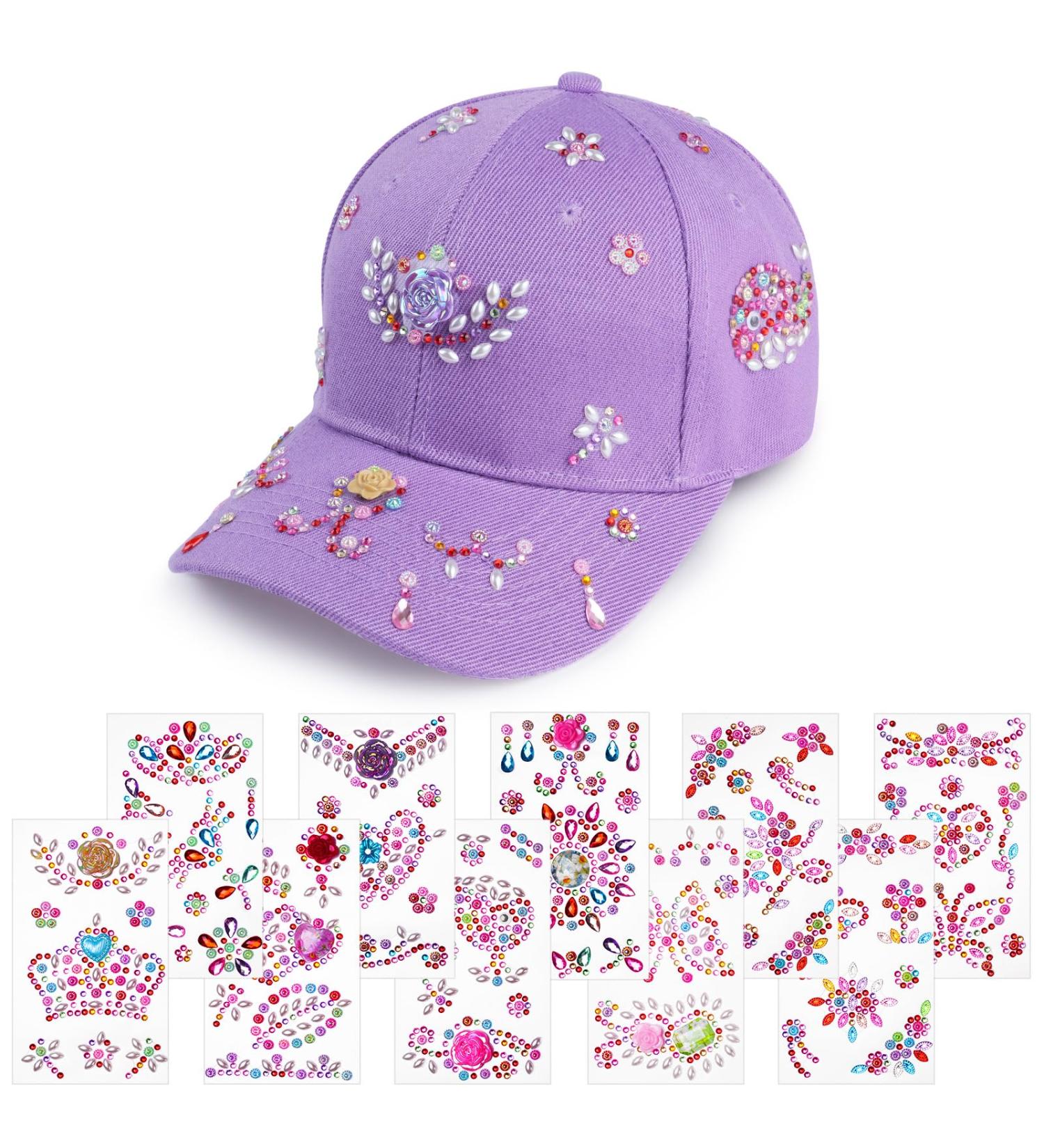 AOMIG DIY Adjustable Baseball Cap Craft Set for Girls - 10 Self-Adhesive Glitter Stones - Perfect Gift for Ages 4-11 - Purple Sun Hat - Buy Online on SooperMarket.com